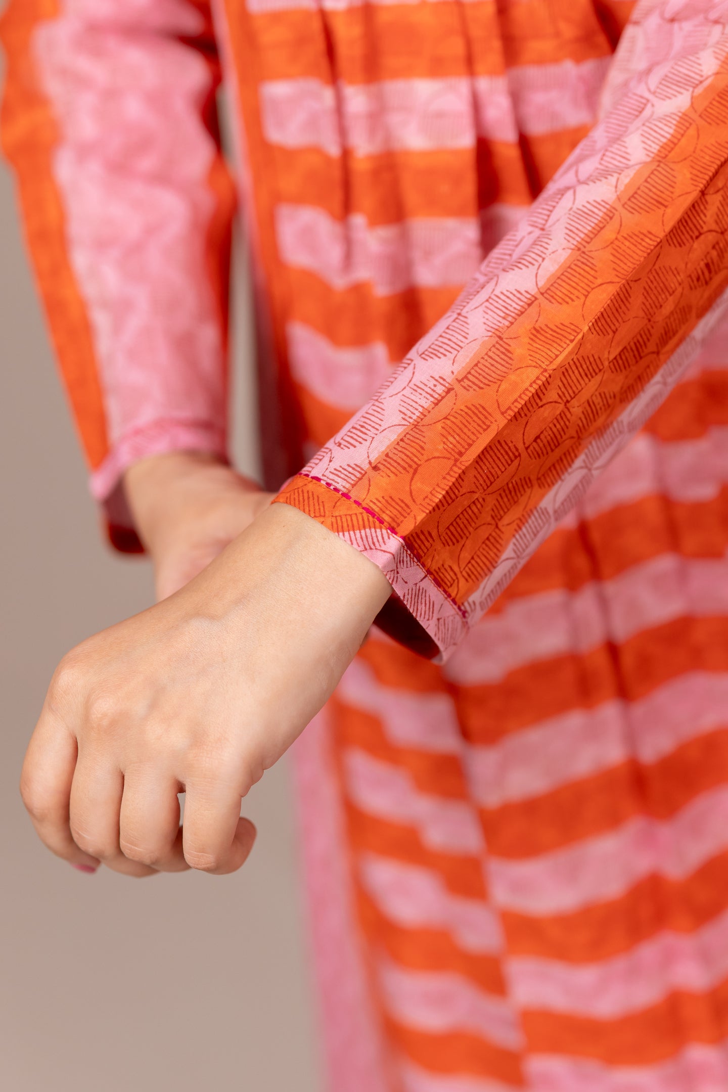 Hand Block Printed Fine Cotton V-Neck Dress in Orange – Bel