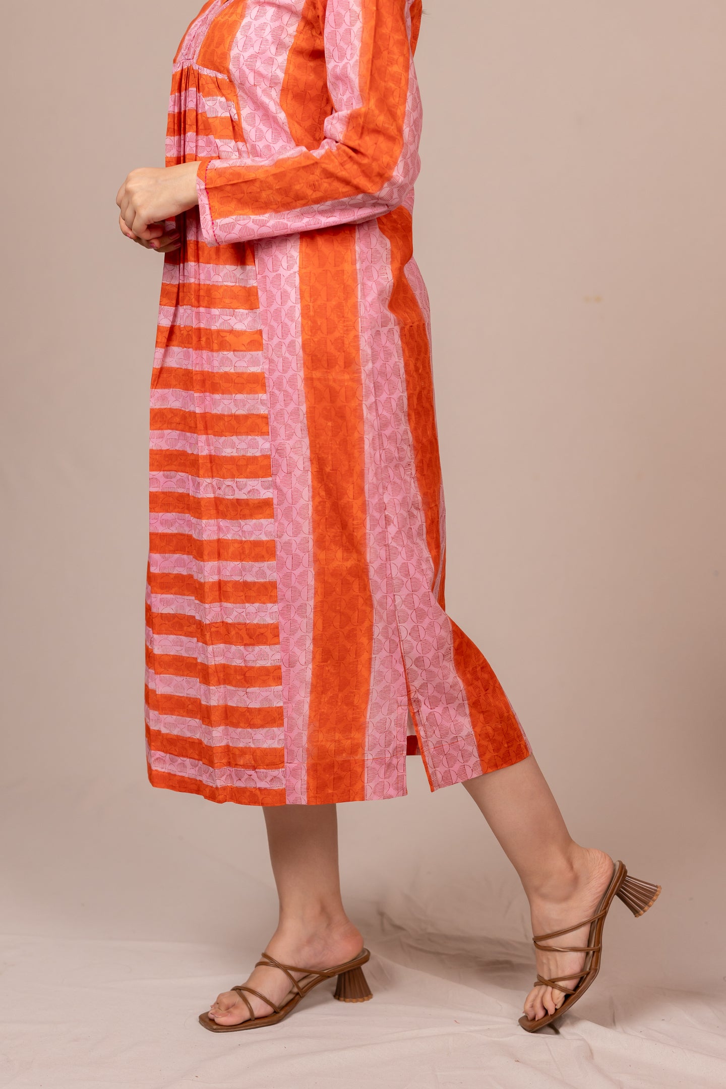 Hand Block Printed Fine Cotton V-Neck Dress in Orange – Bel