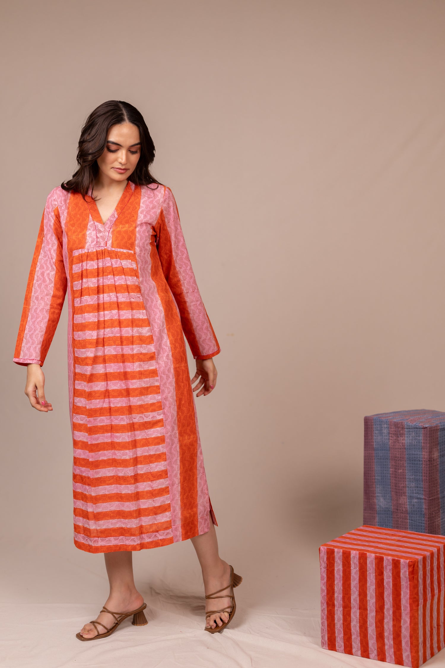 Hand Block Printed Fine Cotton V-Neck Dress in Orange – Bel