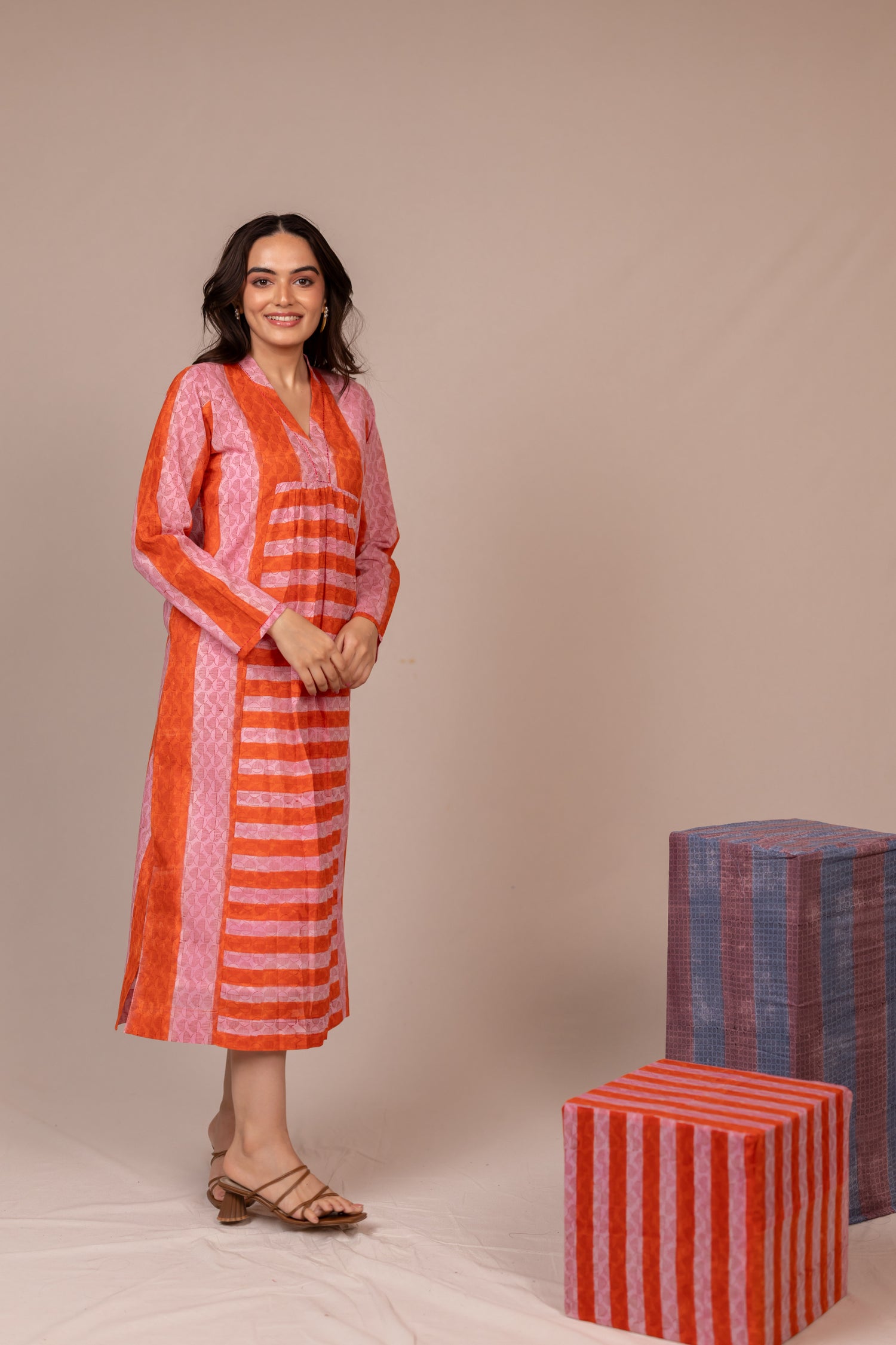 Hand Block Printed Fine Cotton V-Neck Dress in Orange – Bel