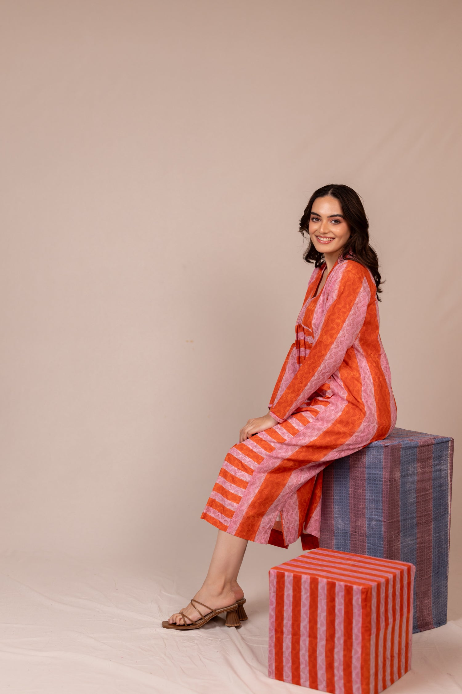 Hand Block Printed Fine Cotton V-Neck Dress in Orange – Bel