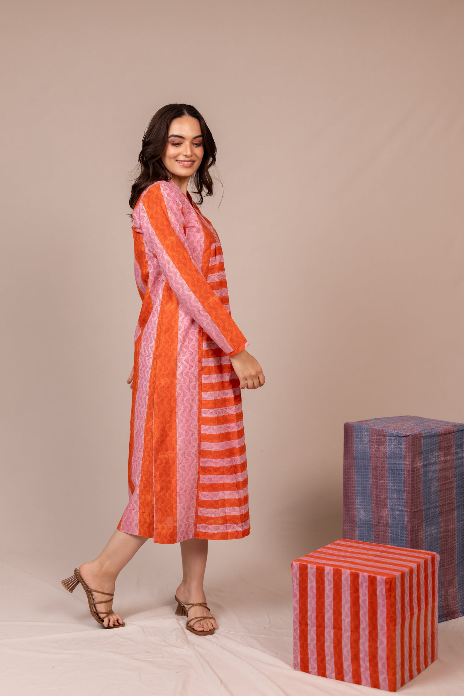 Hand Block Printed Fine Cotton V-Neck Dress in Orange – Bel