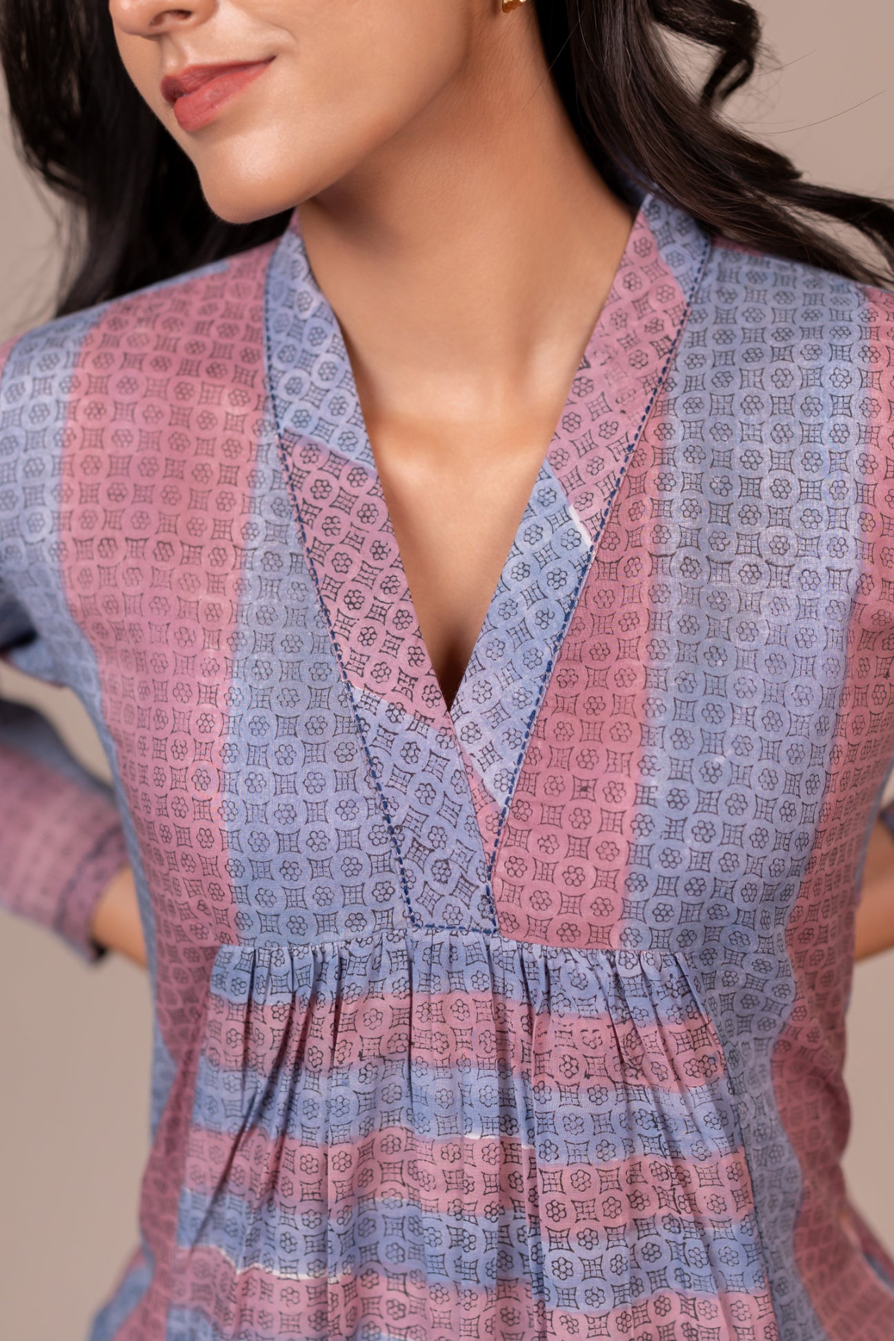 Light Lavender Block Printed Fine Cotton V-Neck Dress – Bel