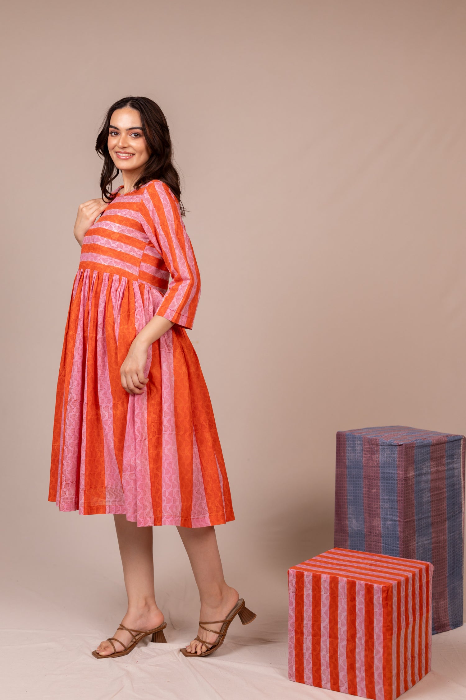 Orange Hand Block Printed Fine Cotton Striped Dress – Bel