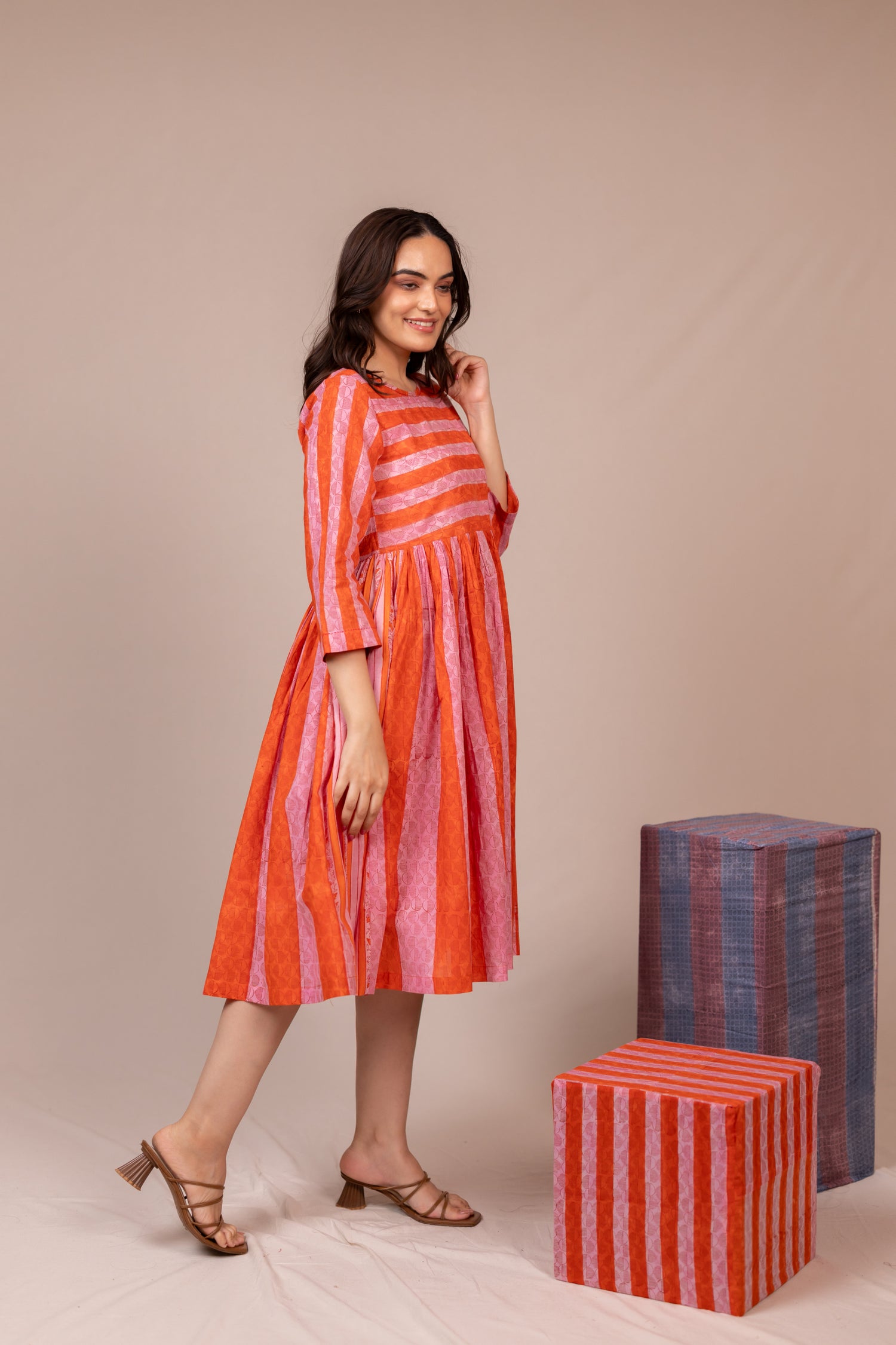Orange Hand Block Printed Fine Cotton Striped Dress – Bel