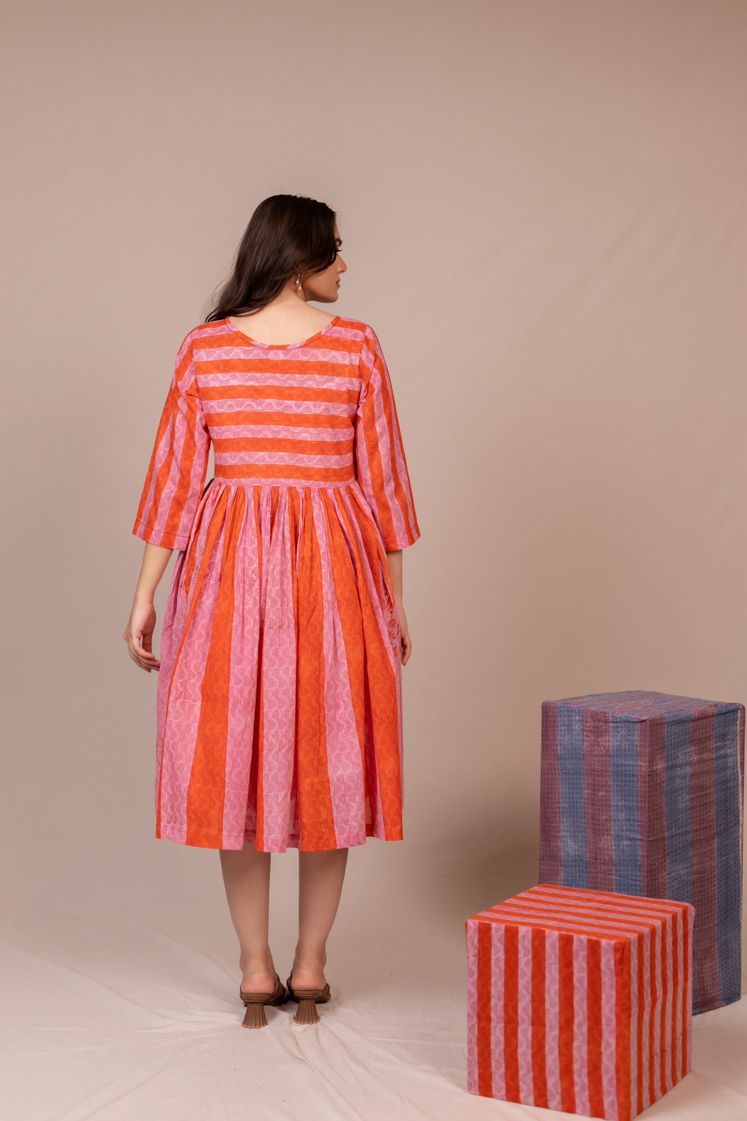 Orange Hand Block Printed Fine Cotton Striped Dress – Bel
