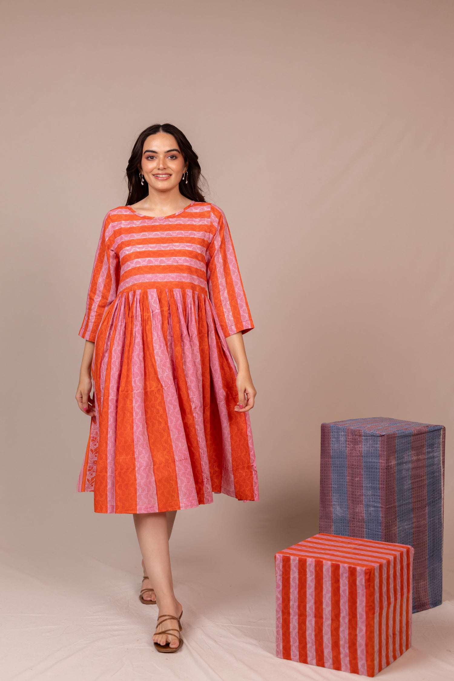 Orange Hand Block Printed Fine Cotton Striped Dress – Bel