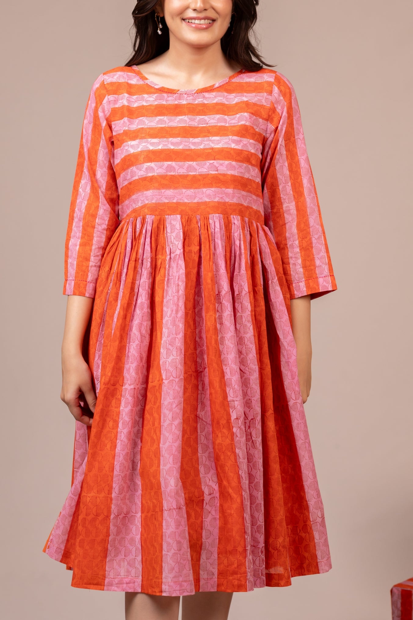 Orange Hand Block Printed Fine Cotton Striped Dress – Bel