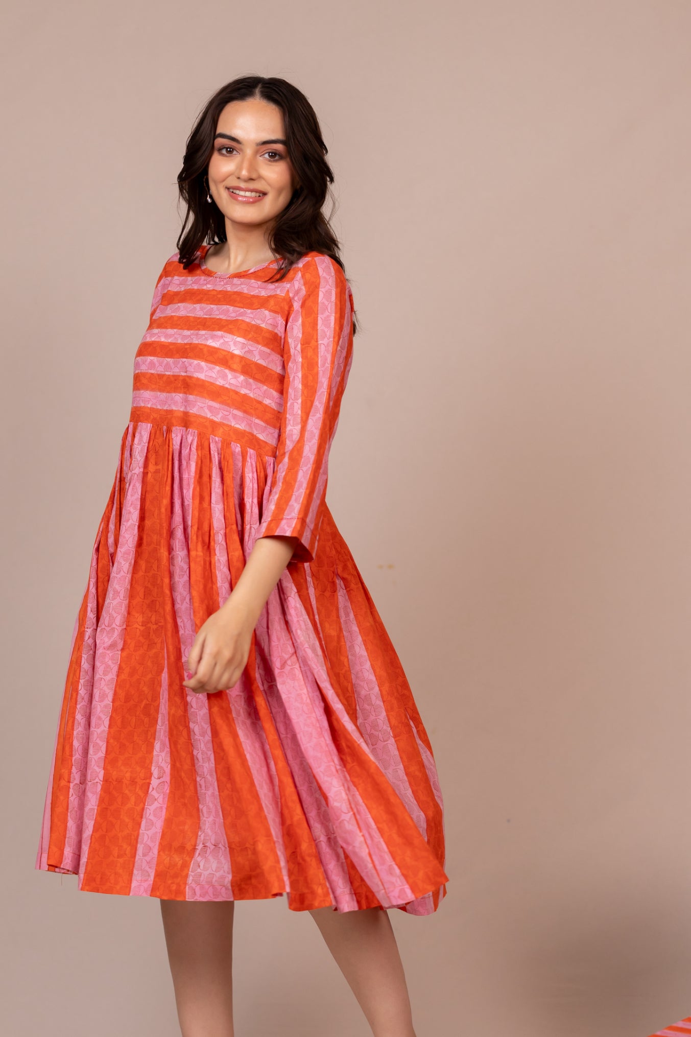 Orange Hand Block Printed Fine Cotton Striped Dress – Bel