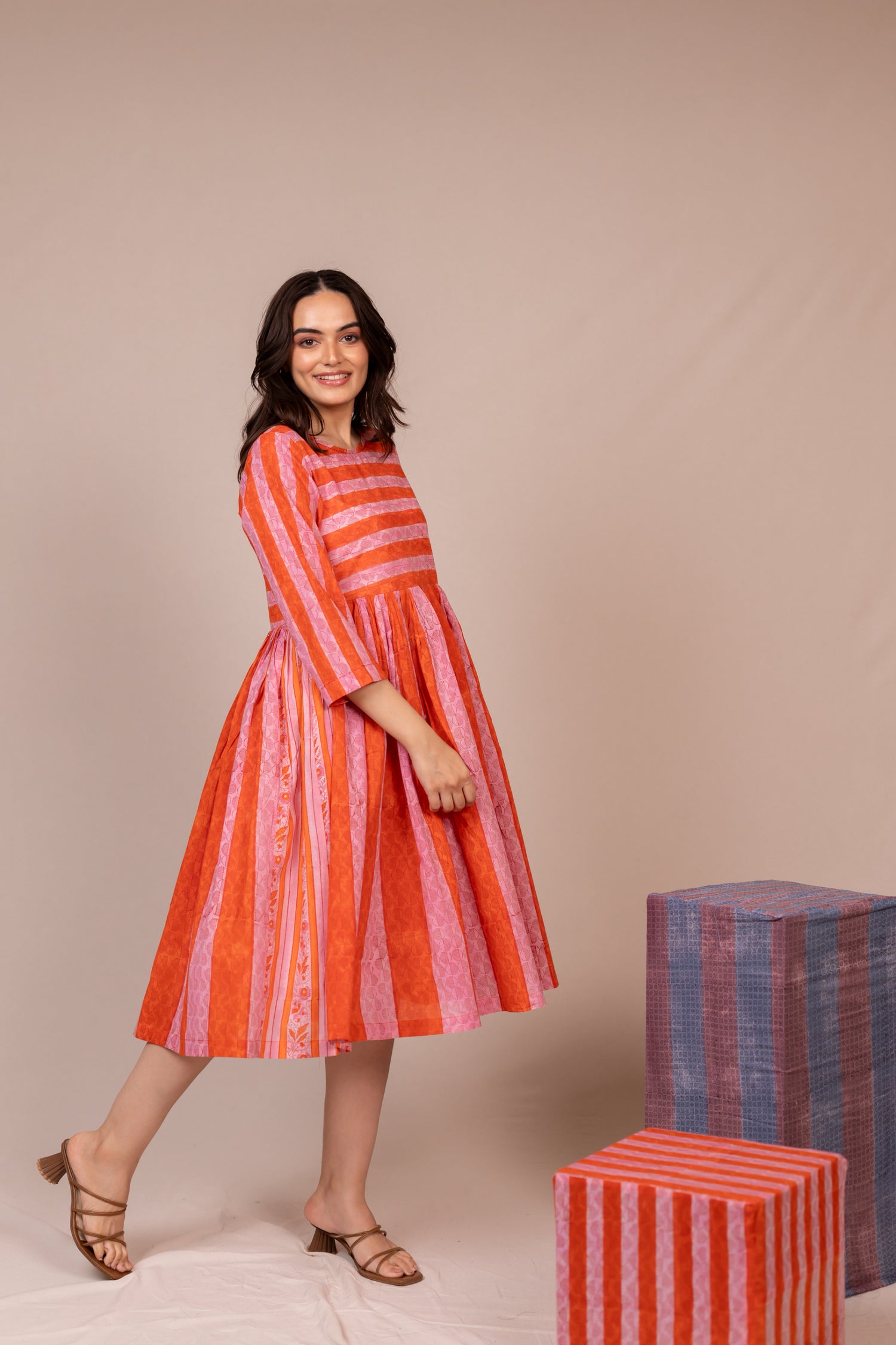 Orange Hand Block Printed Fine Cotton Striped Dress – Bel