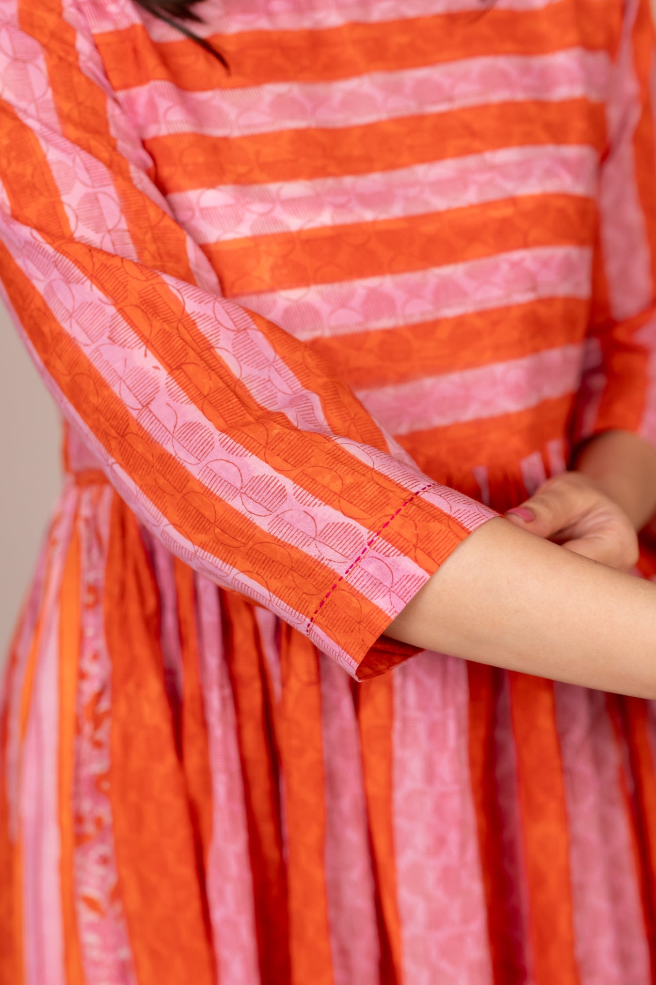 Orange Hand Block Printed Fine Cotton Striped Dress – Bel