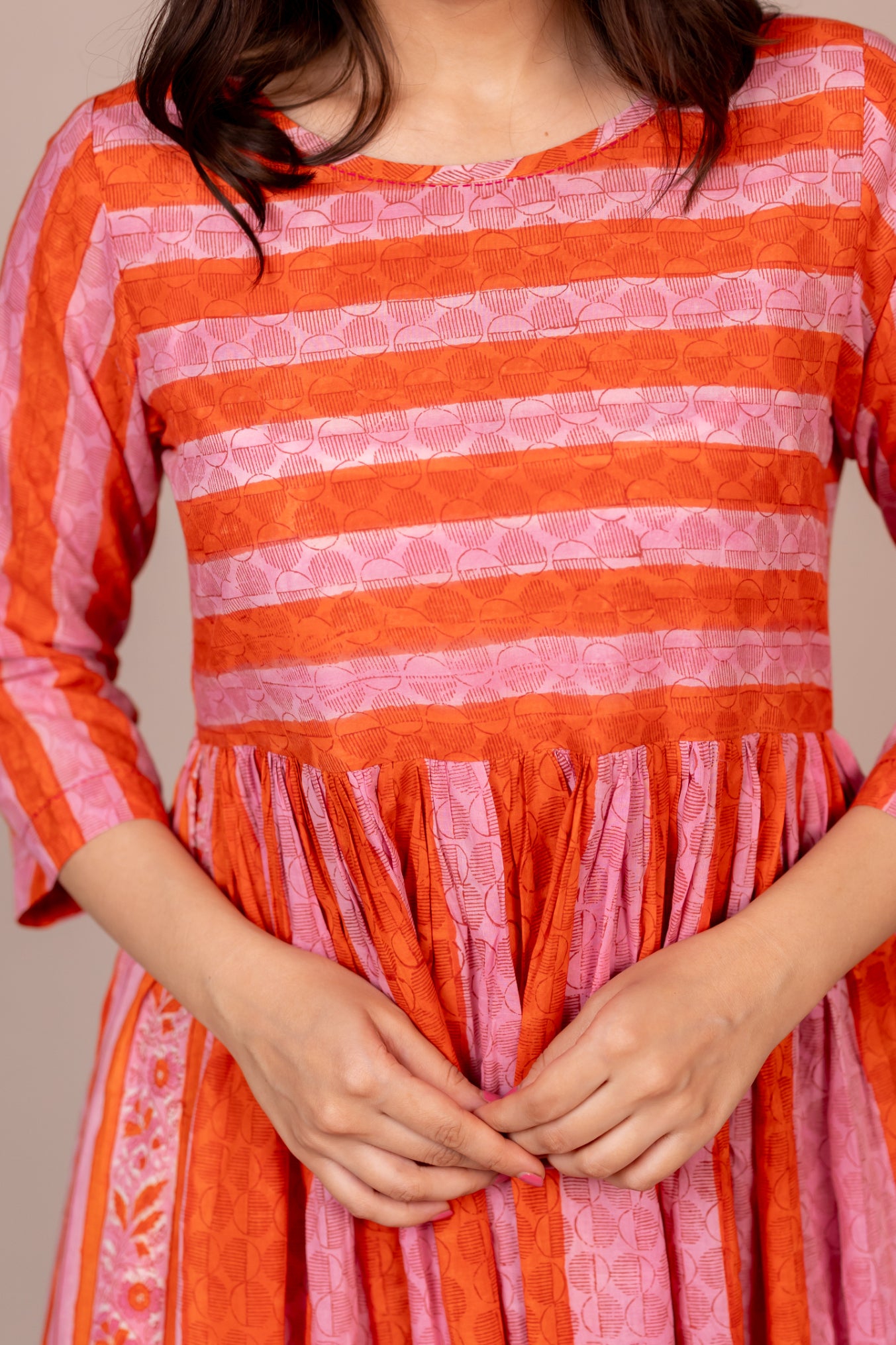 Orange Hand Block Printed Fine Cotton Striped Dress – Bel