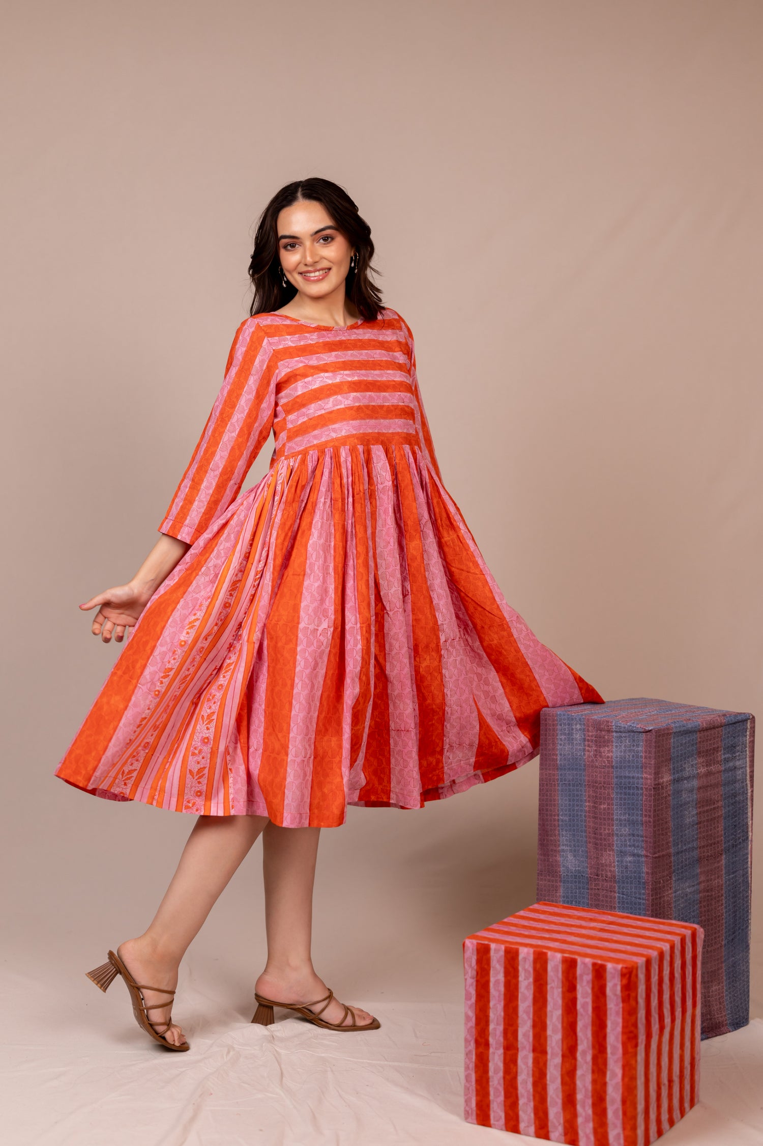 Orange Hand Block Printed Fine Cotton Striped Dress – Bel