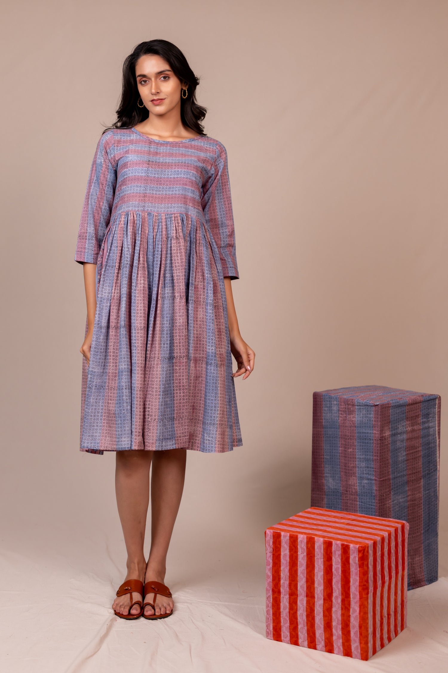 Light Blue & Lavender Block Printed Fine Cotton Striped Dress – Bel