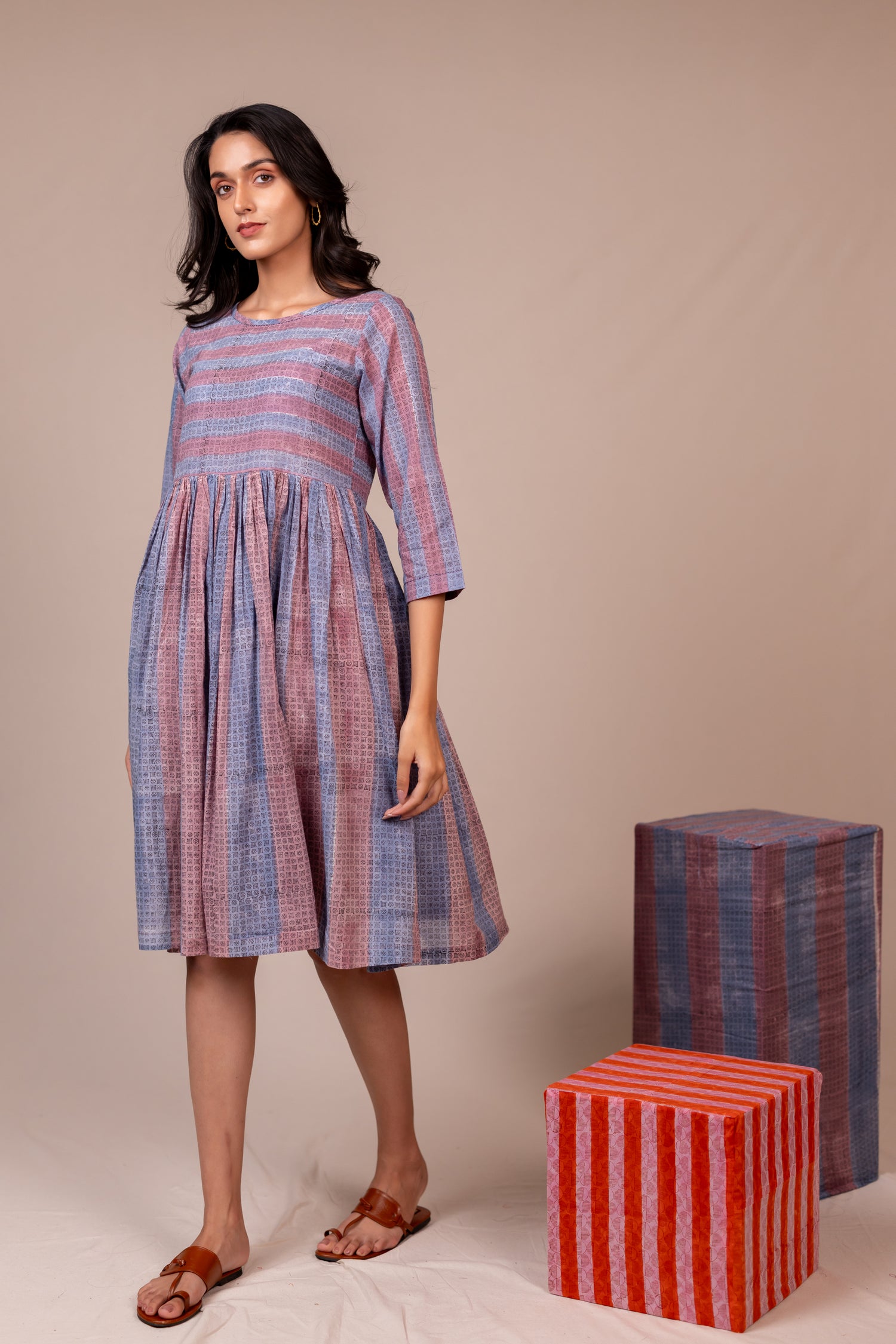 Light Blue & Lavender Block Printed Fine Cotton Striped Dress – Bel