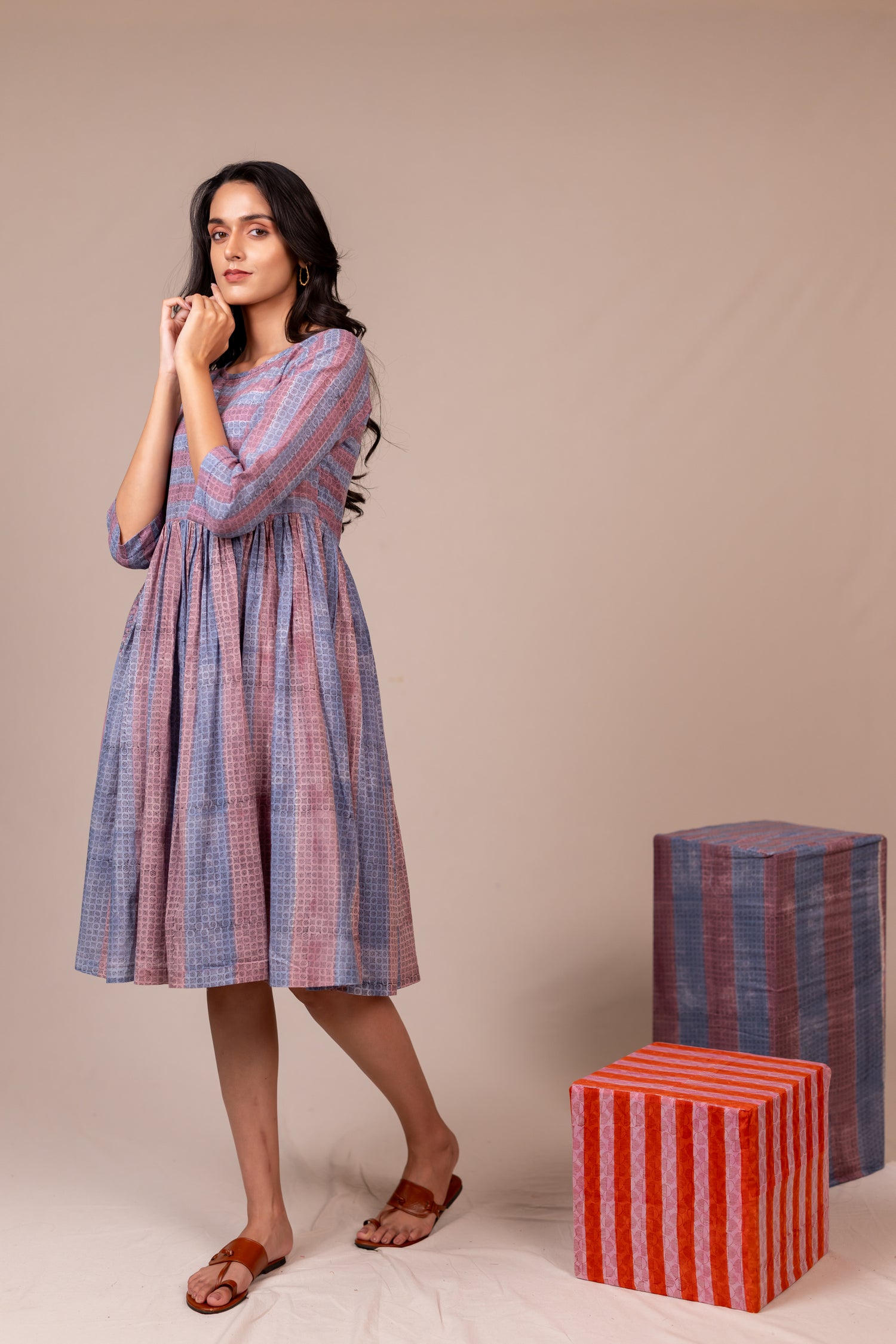 Light Blue & Lavender Block Printed Fine Cotton Striped Dress – Bel