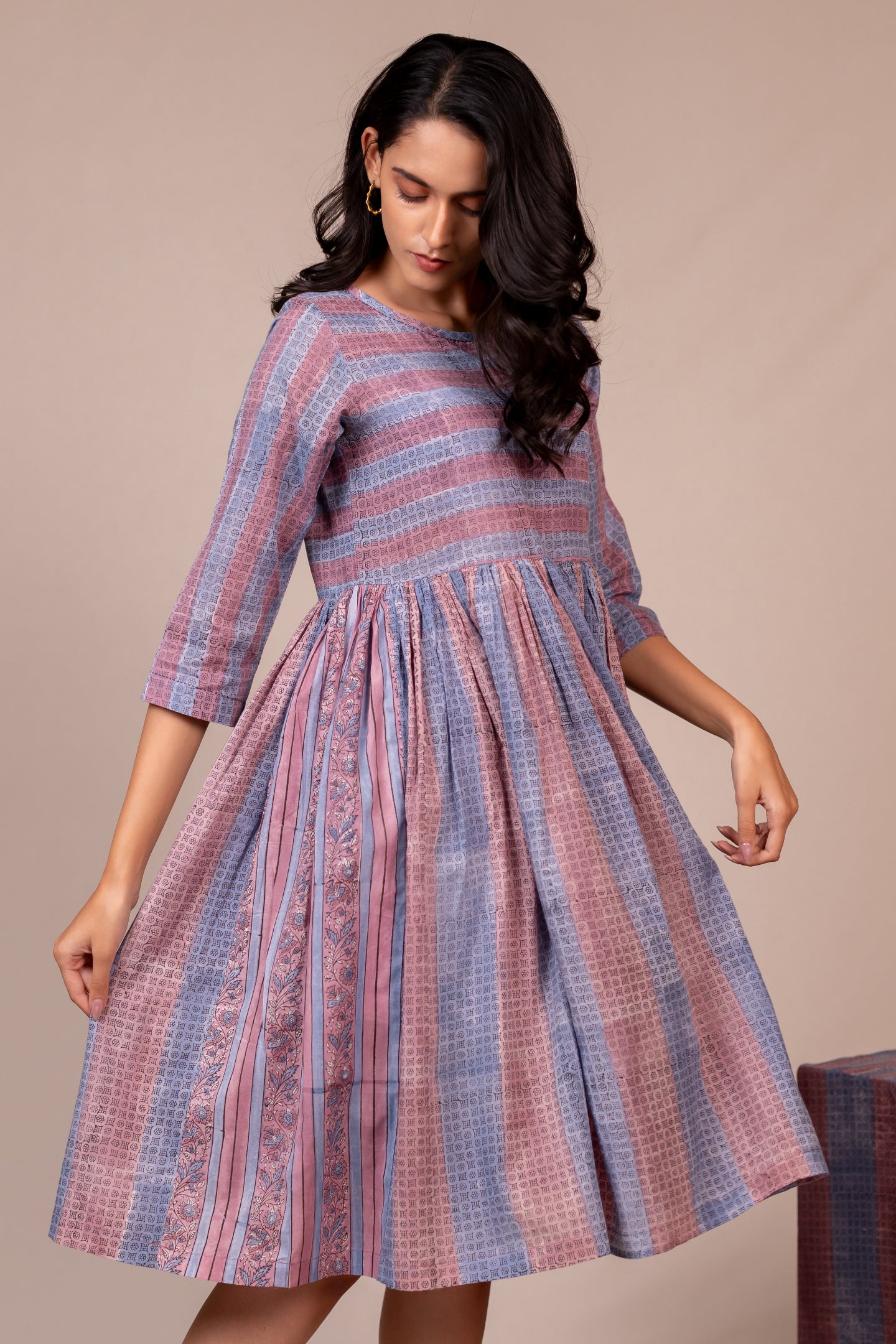 Light Blue & Lavender Block Printed Fine Cotton Striped Dress – Bel