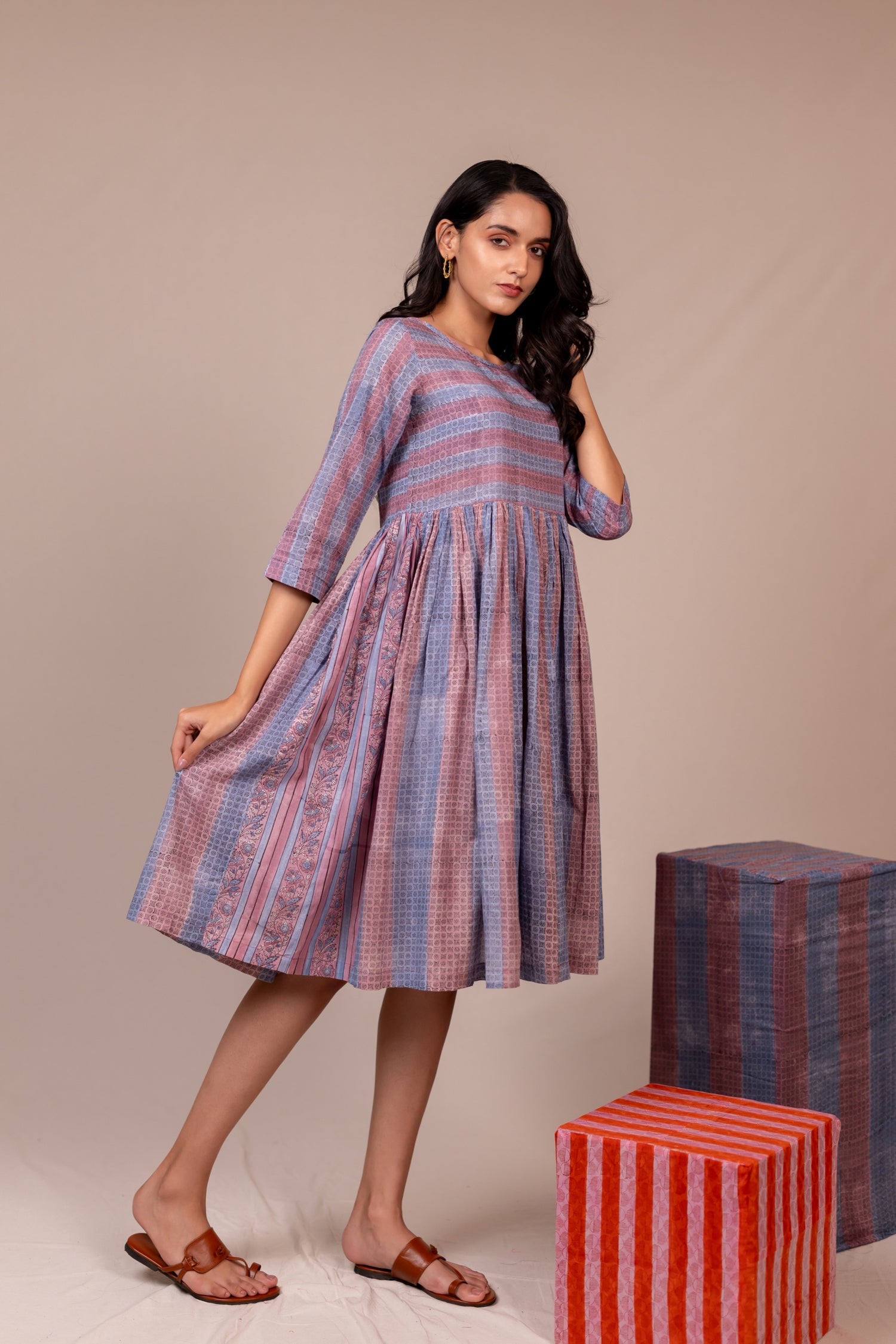 Light Blue & Lavender Block Printed Fine Cotton Striped Dress – Bel
