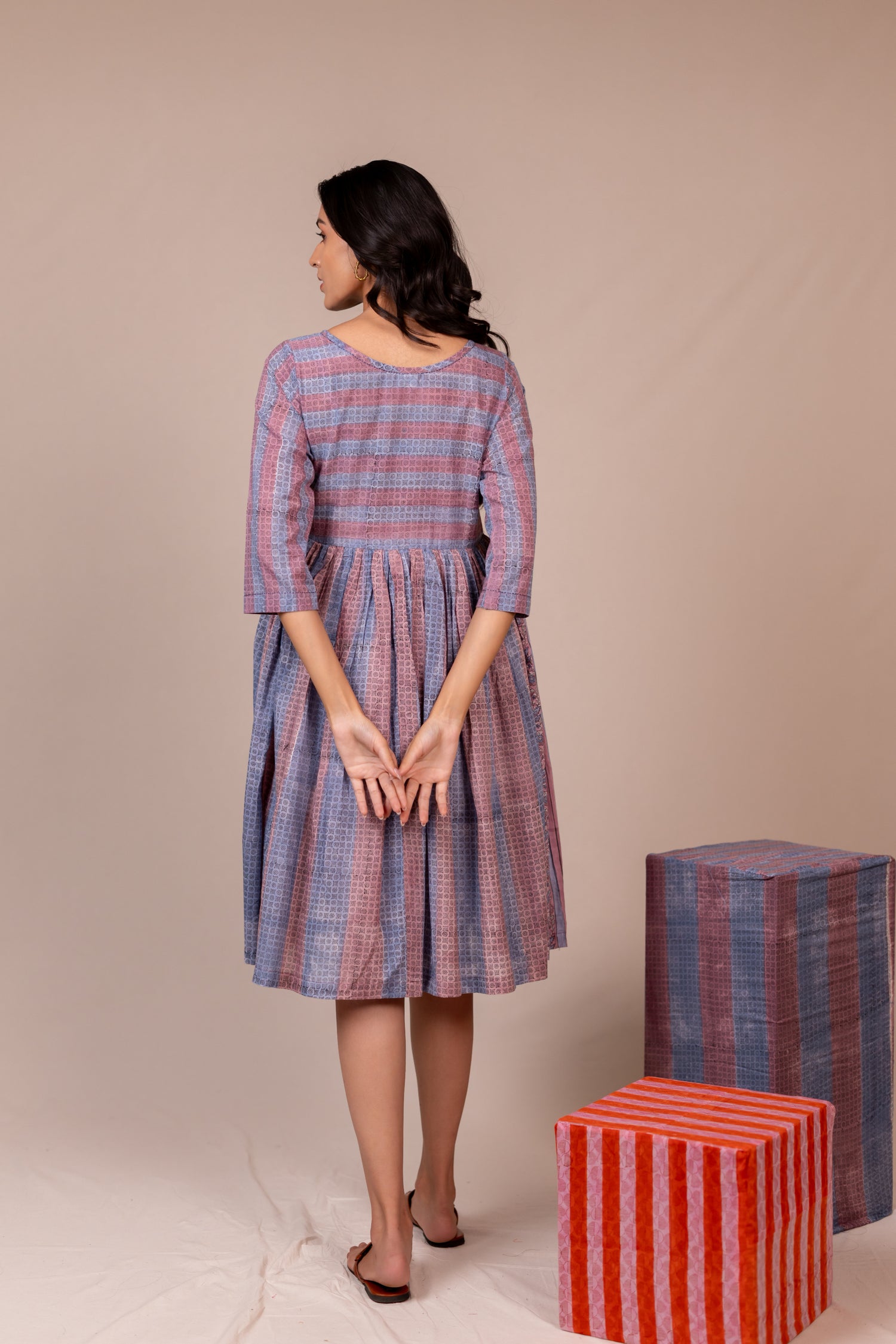 Light Blue & Lavender Block Printed Fine Cotton Striped Dress – Bel