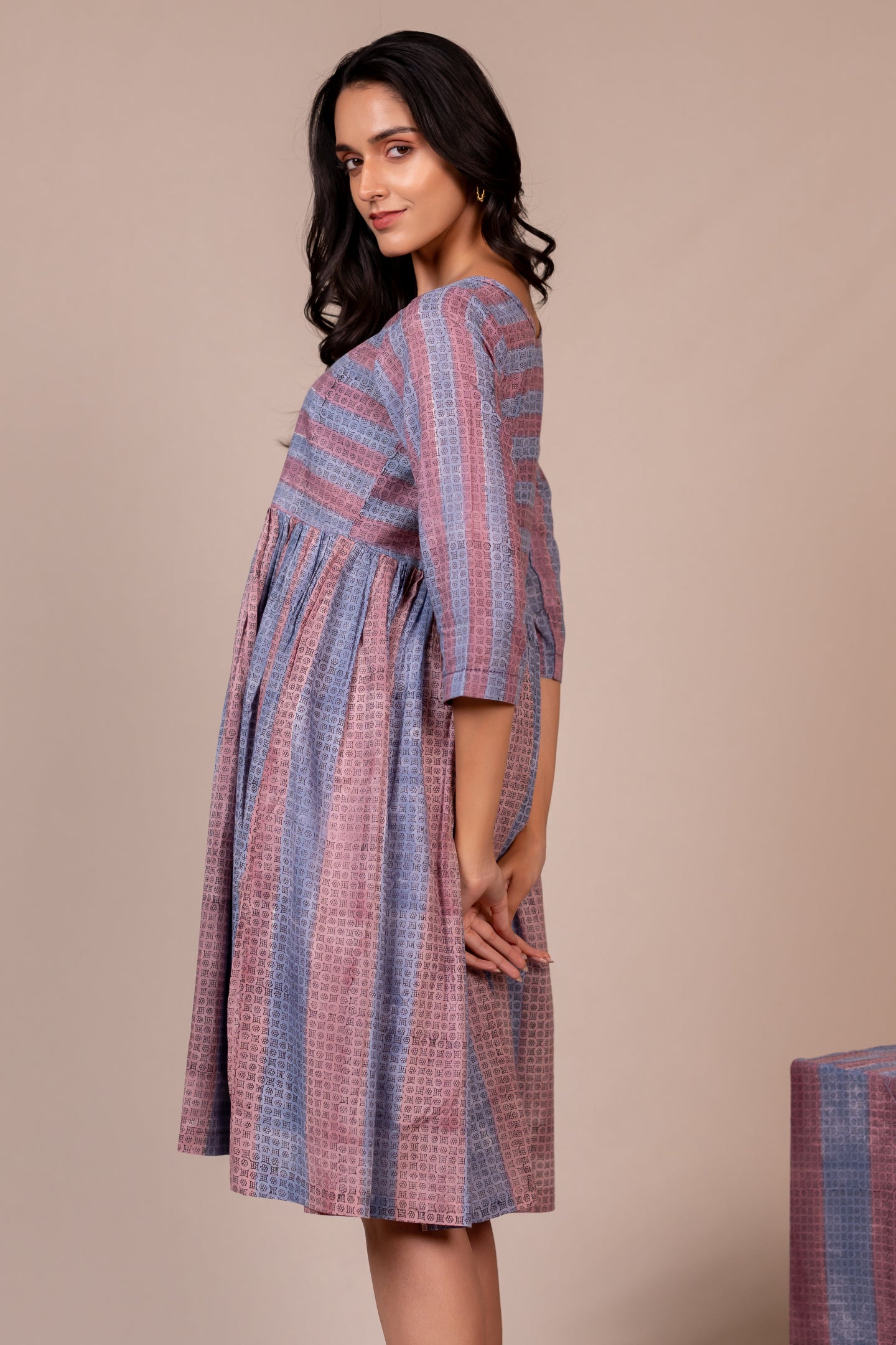 Light Blue & Lavender Block Printed Fine Cotton Striped Dress – Bel