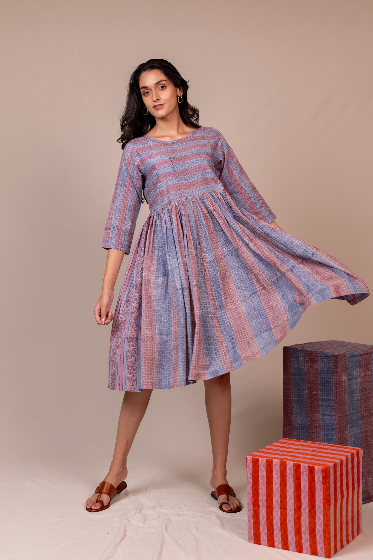 Light Blue & Lavender Block Printed Fine Cotton Striped Dress – Bel