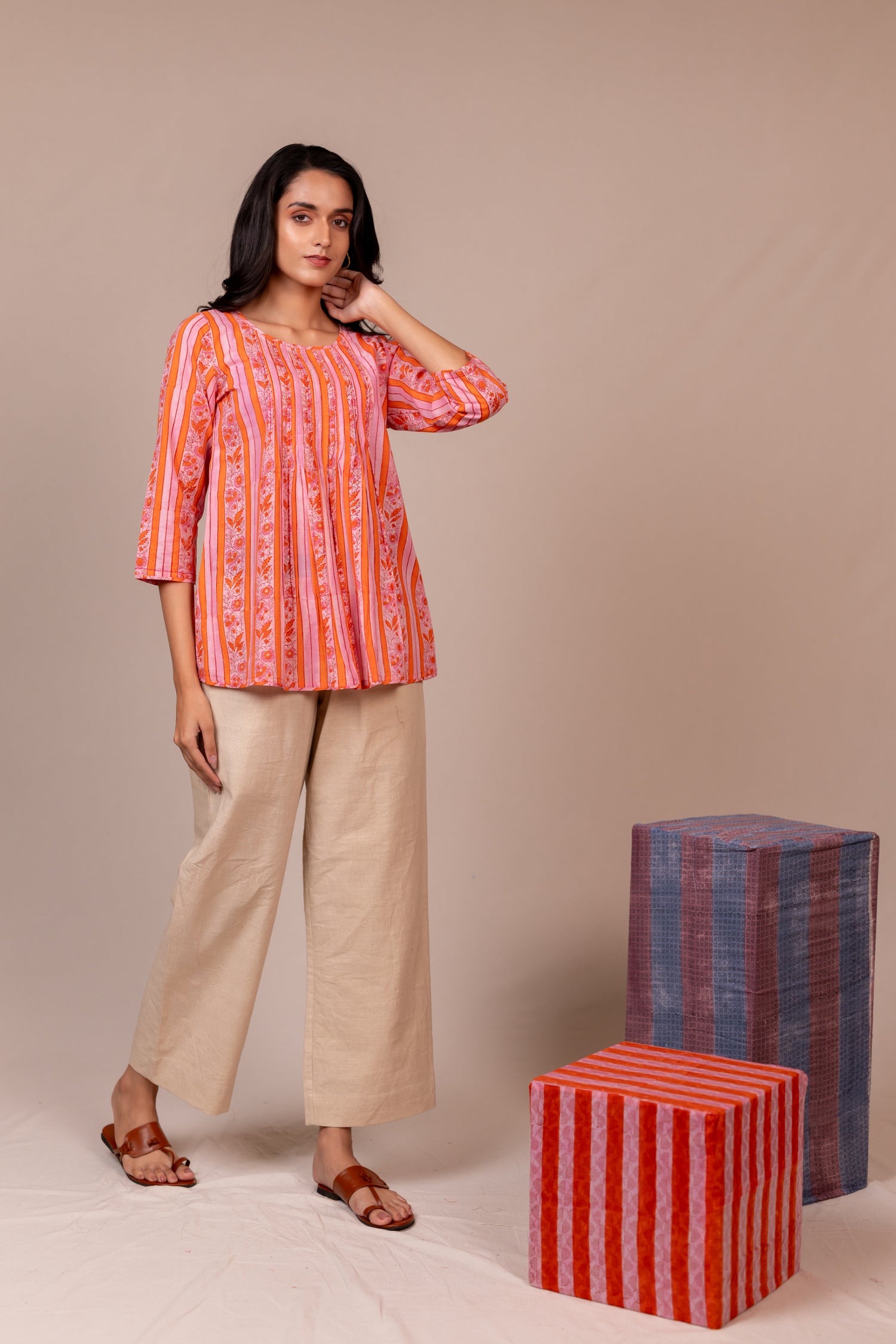Orange Hand Block Printed Fine Cotton Top – Bel