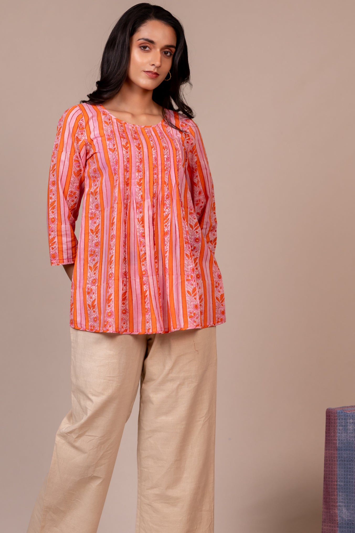 Orange Hand Block Printed Fine Cotton Top – Bel