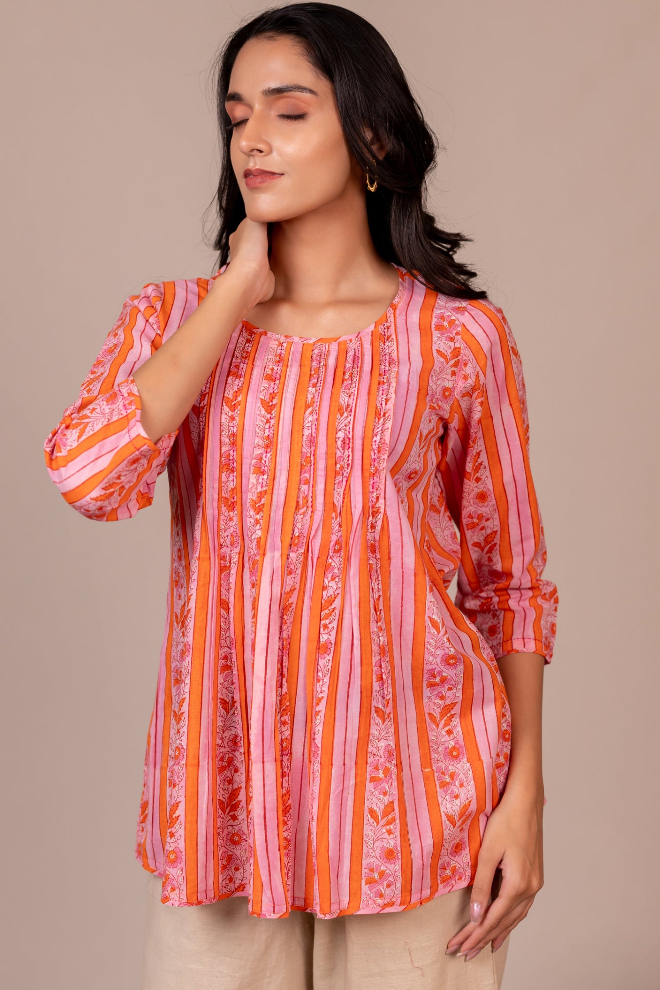 Orange Hand Block Printed Fine Cotton Top – Bel