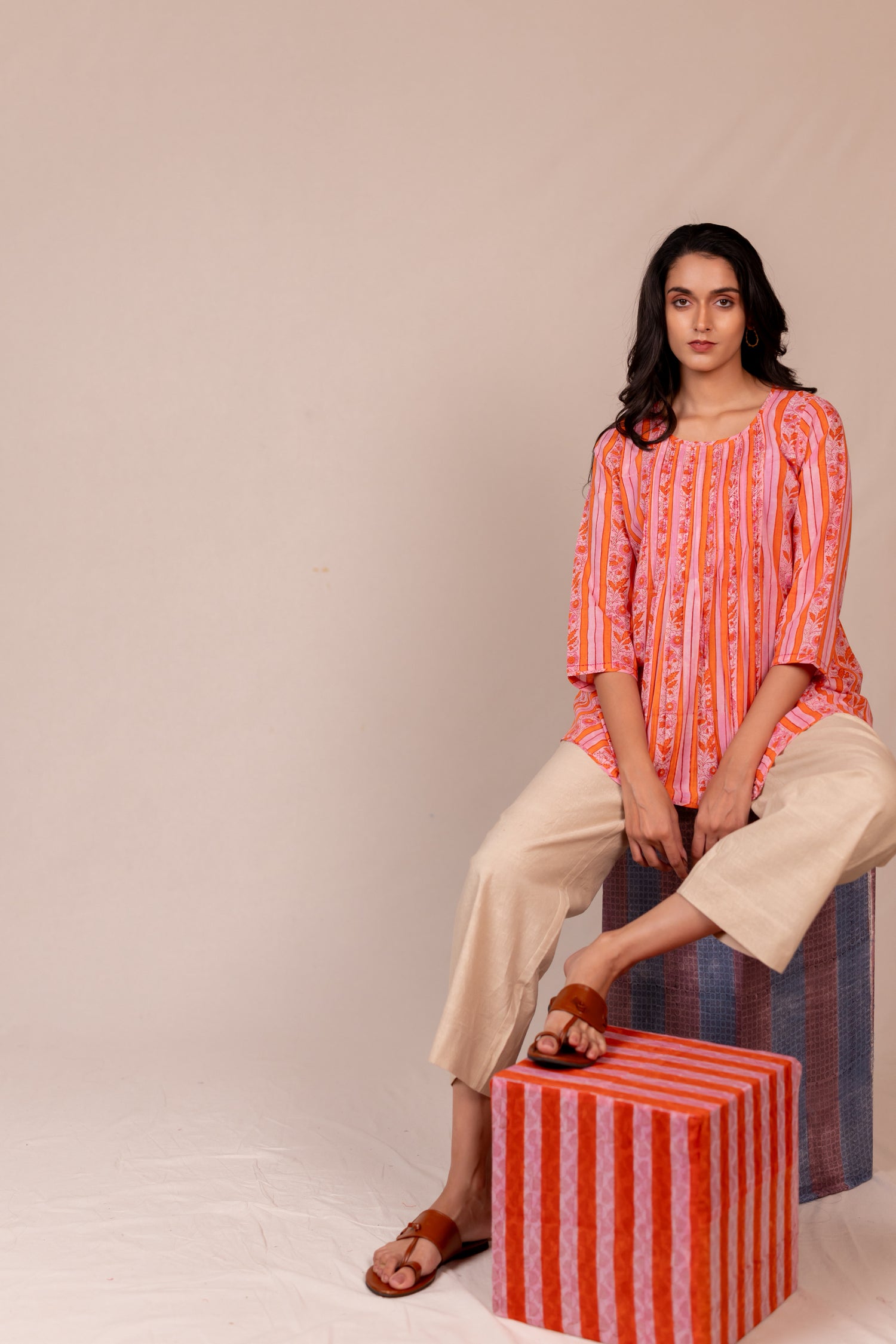 Orange Hand Block Printed Fine Cotton Top – Bel