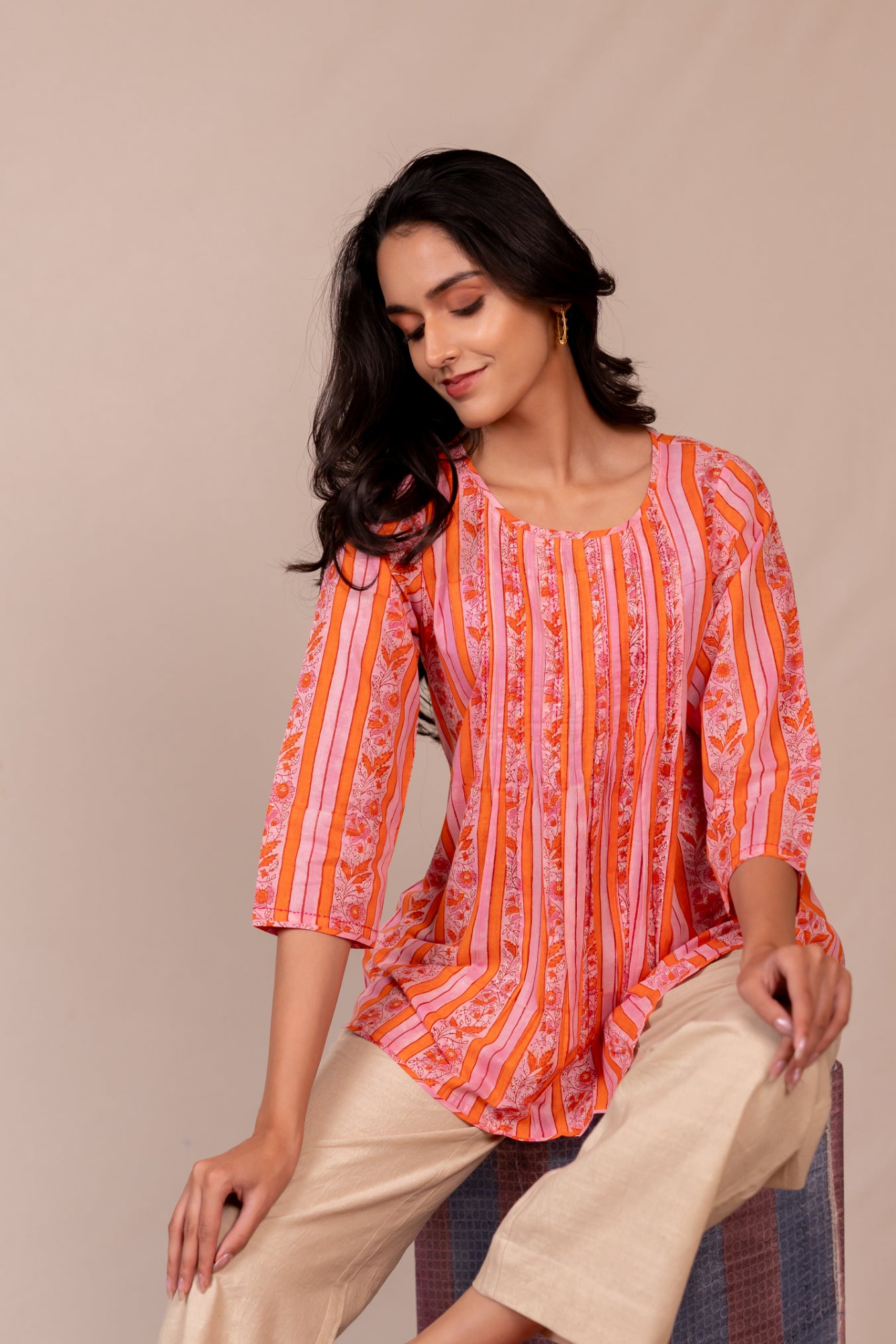 Orange Hand Block Printed Fine Cotton Top – Bel