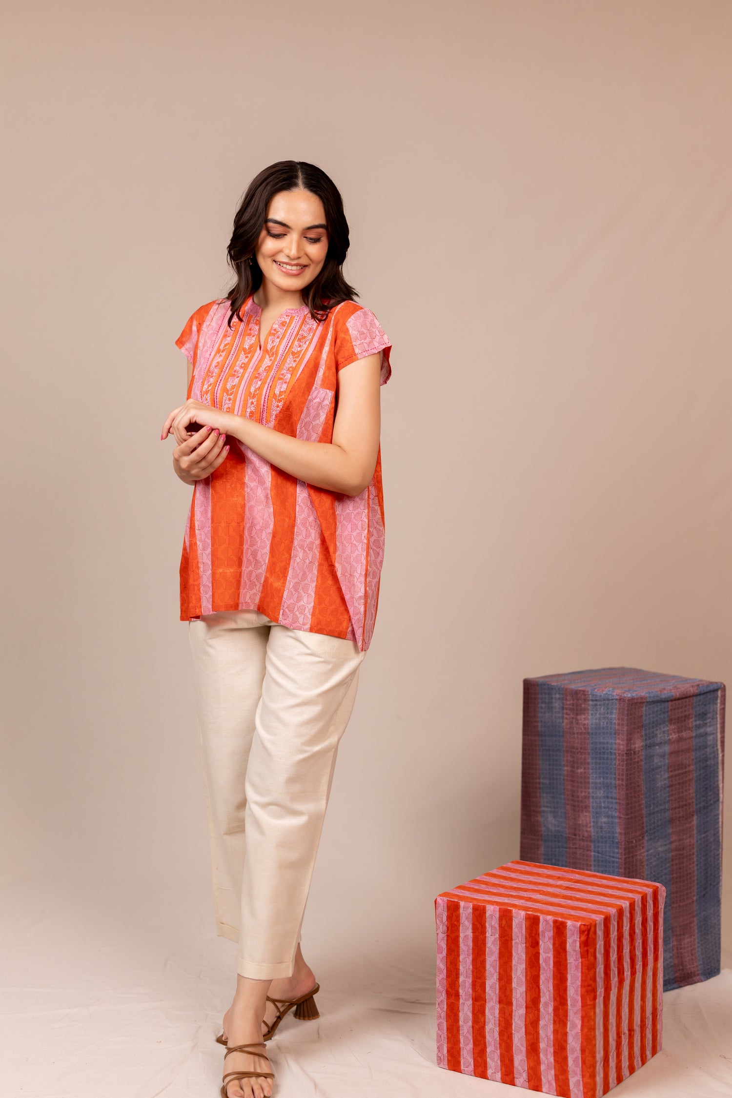 Hand Block Printed Fine Cotton Top in Orange – Bel