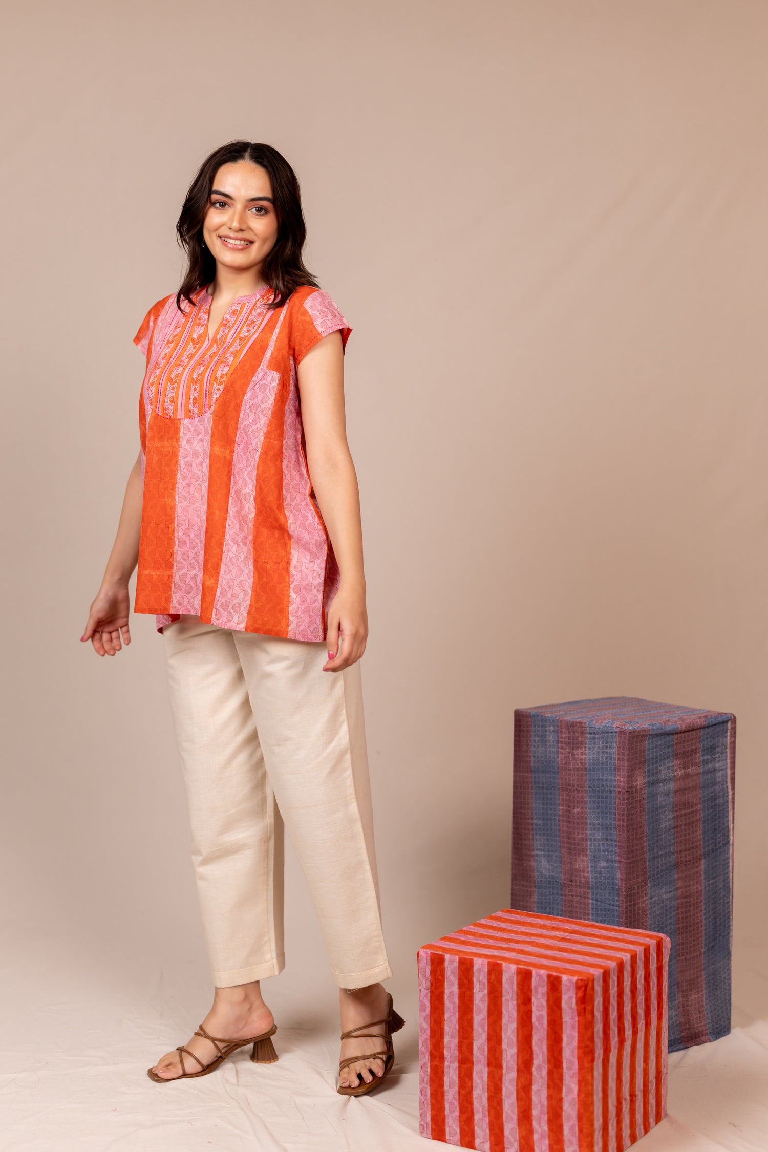 Hand Block Printed Fine Cotton Top in Orange – Bel