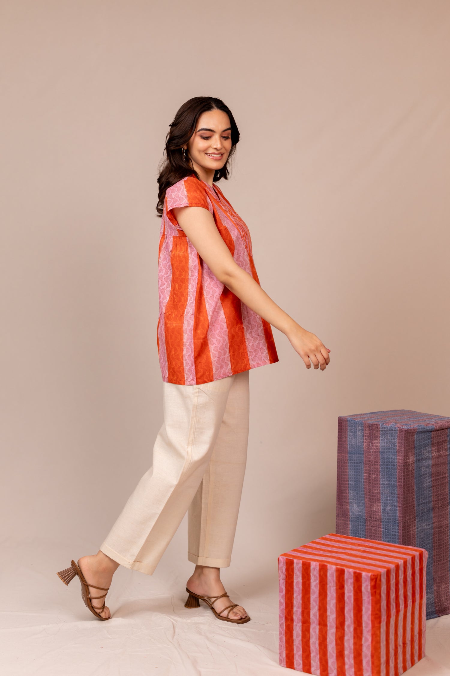 Hand Block Printed Fine Cotton Top in Orange – Bel