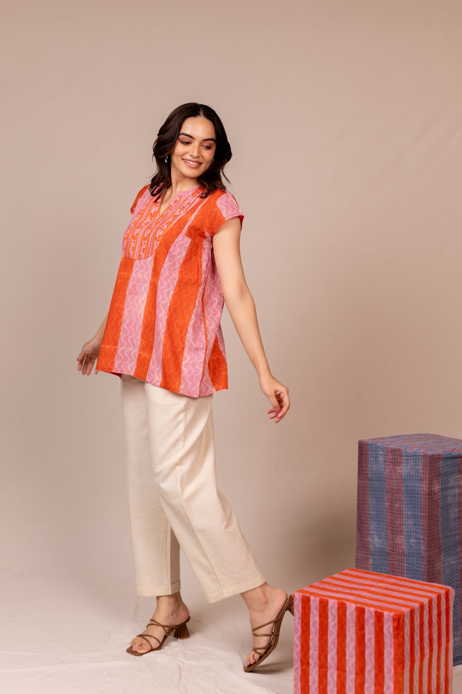 Hand Block Printed Fine Cotton Top in Orange – Bel