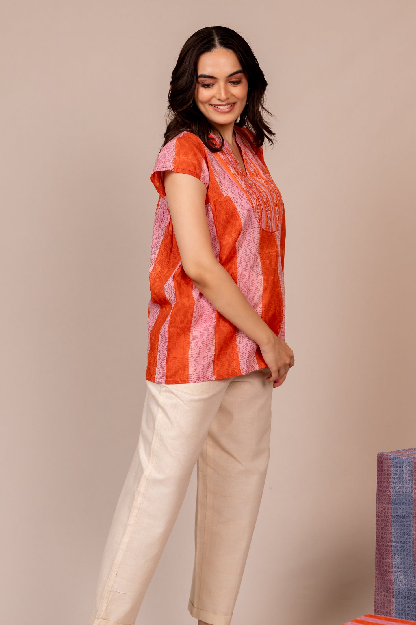 Hand Block Printed Fine Cotton Top in Orange – Bel