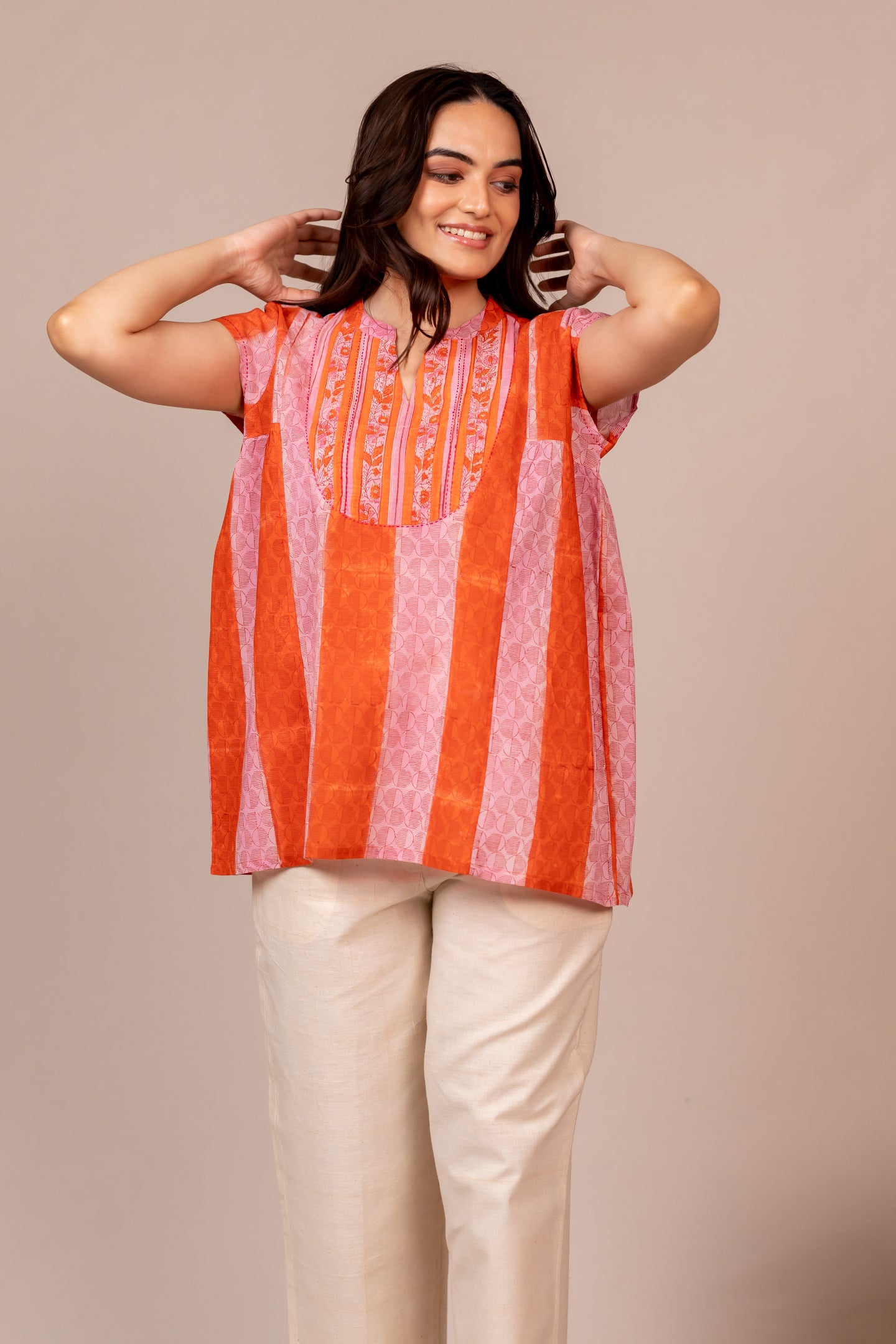Hand Block Printed Fine Cotton Top in Orange – Bel