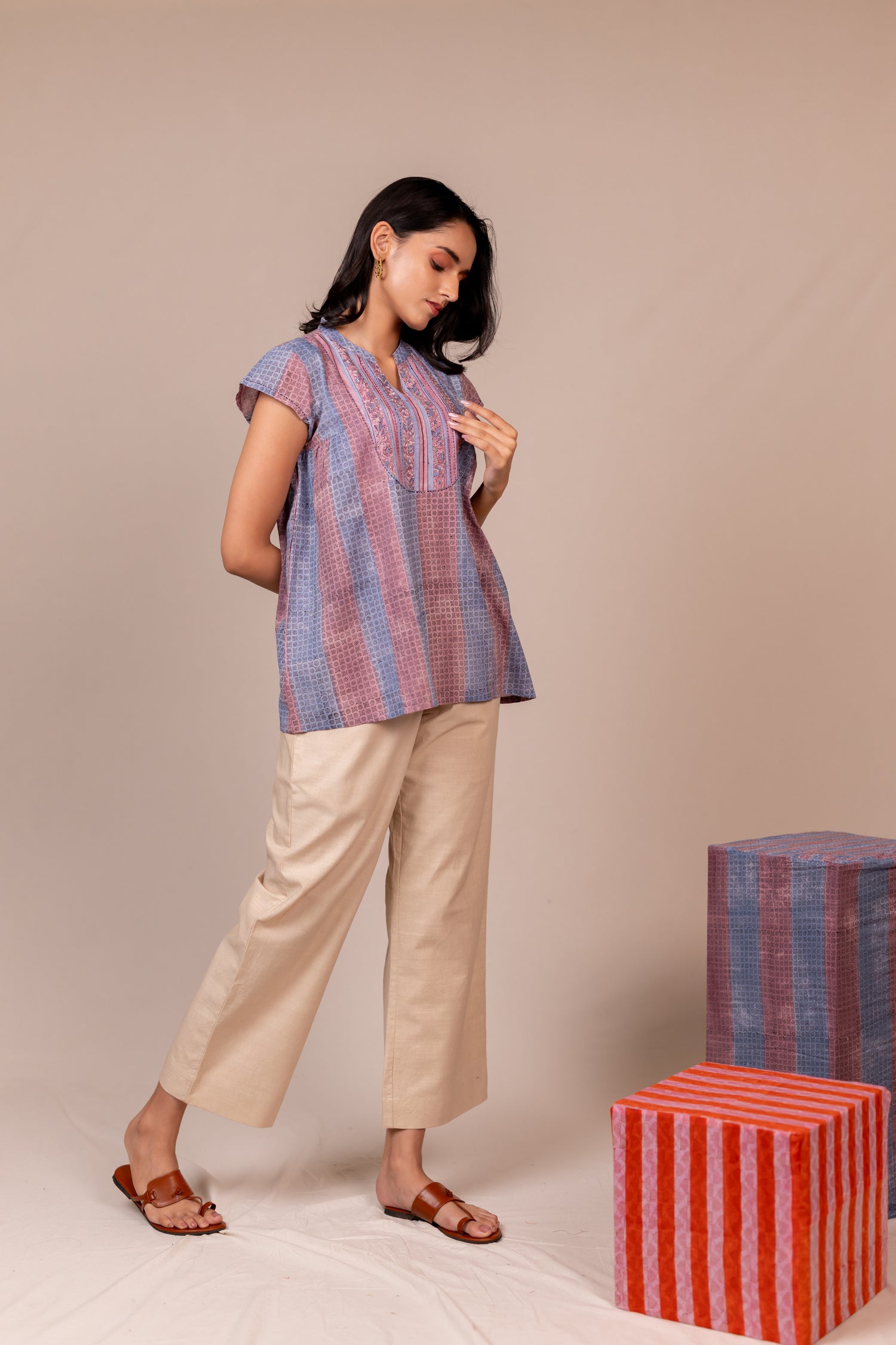 Hand Block Printed Fine Cotton Top in Light Lavender – Bel