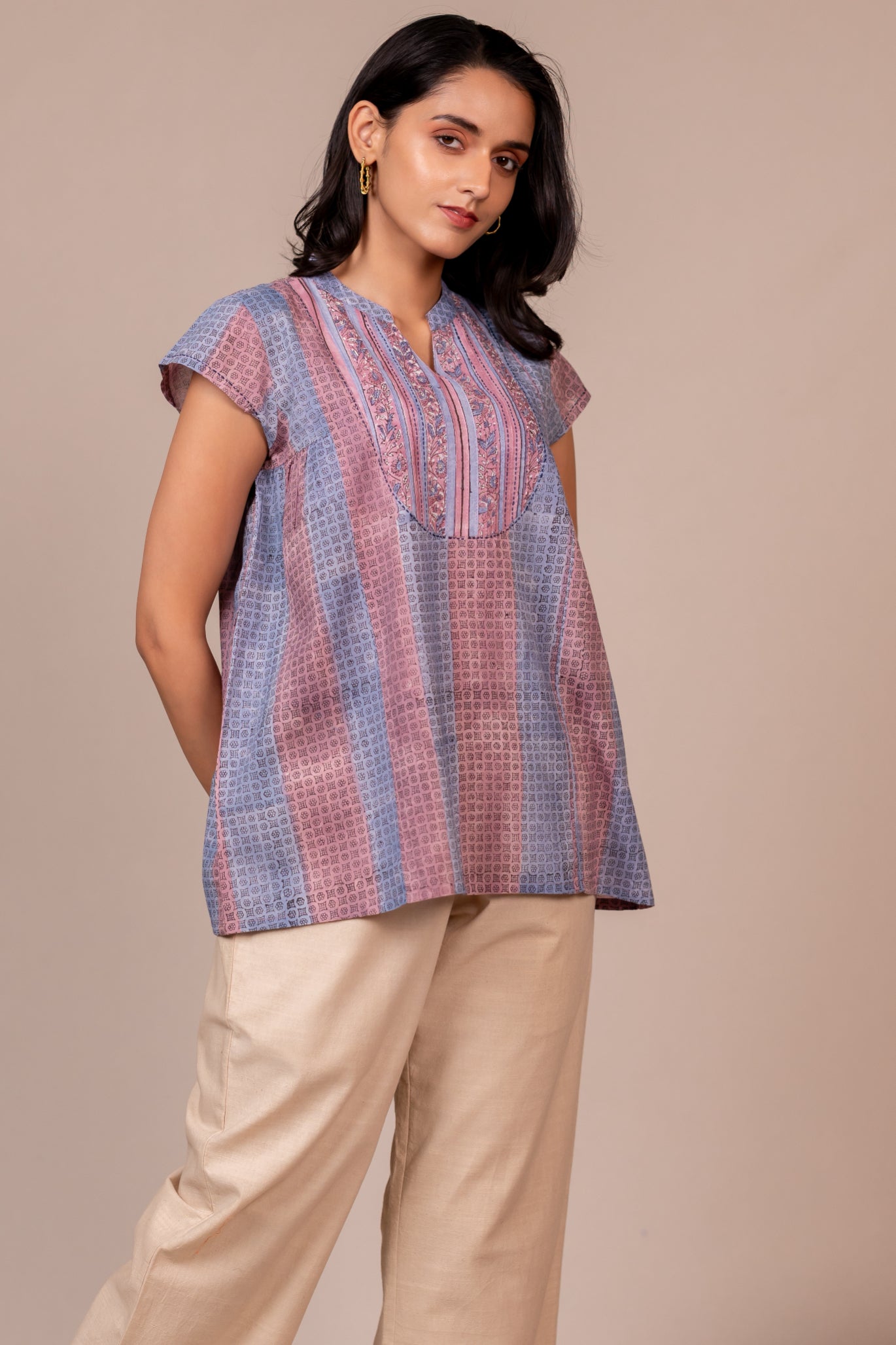 Hand Block Printed Fine Cotton Top in Light Lavender – Bel