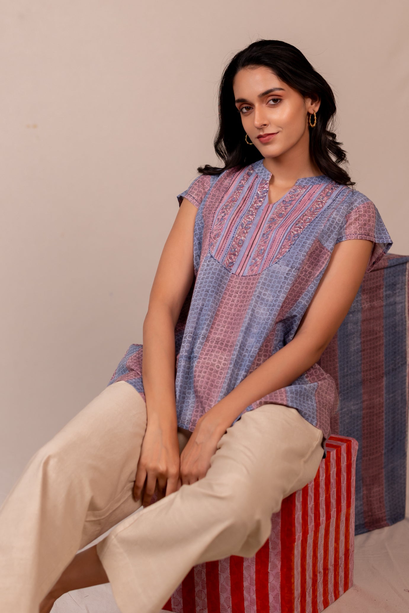 Hand Block Printed Fine Cotton Top in Light Lavender – Bel