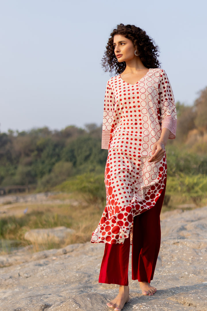 Bagh Circle Print Maroon Cotton Straight Kurta – Tarang
