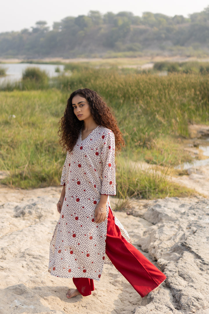 Off-White Bagh Print Cotton Kurta with Maroon Trim – Tarang