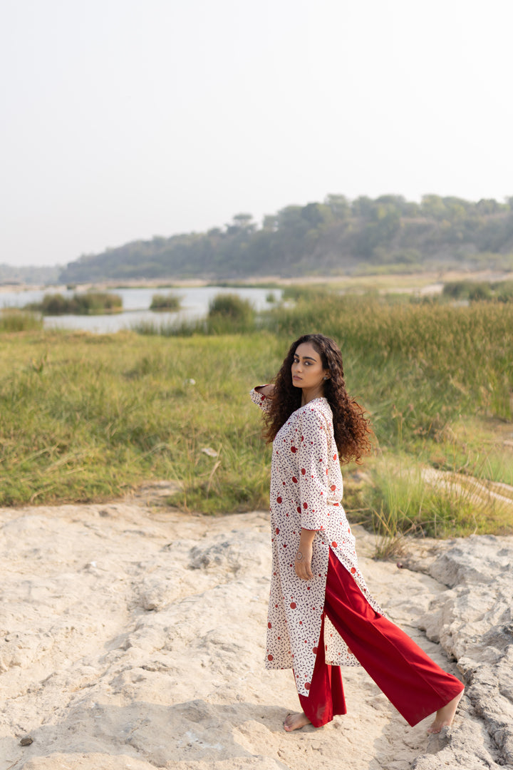 Off-White Bagh Print Cotton Kurta with Maroon Trim – Tarang