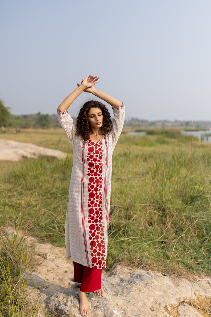Off-White & Maroon Bagh Hand Print Cotton Kurta – Tarang