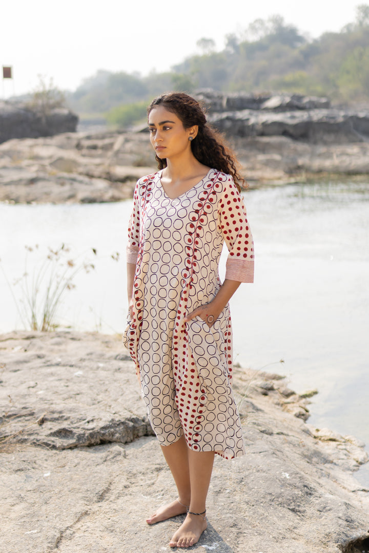 Off-White & Maroon Bagh Block Print Cotton Midi Dress – Tarang