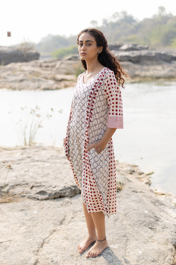 Off-White & Maroon Bagh Block Print Cotton Midi Dress – Tarang