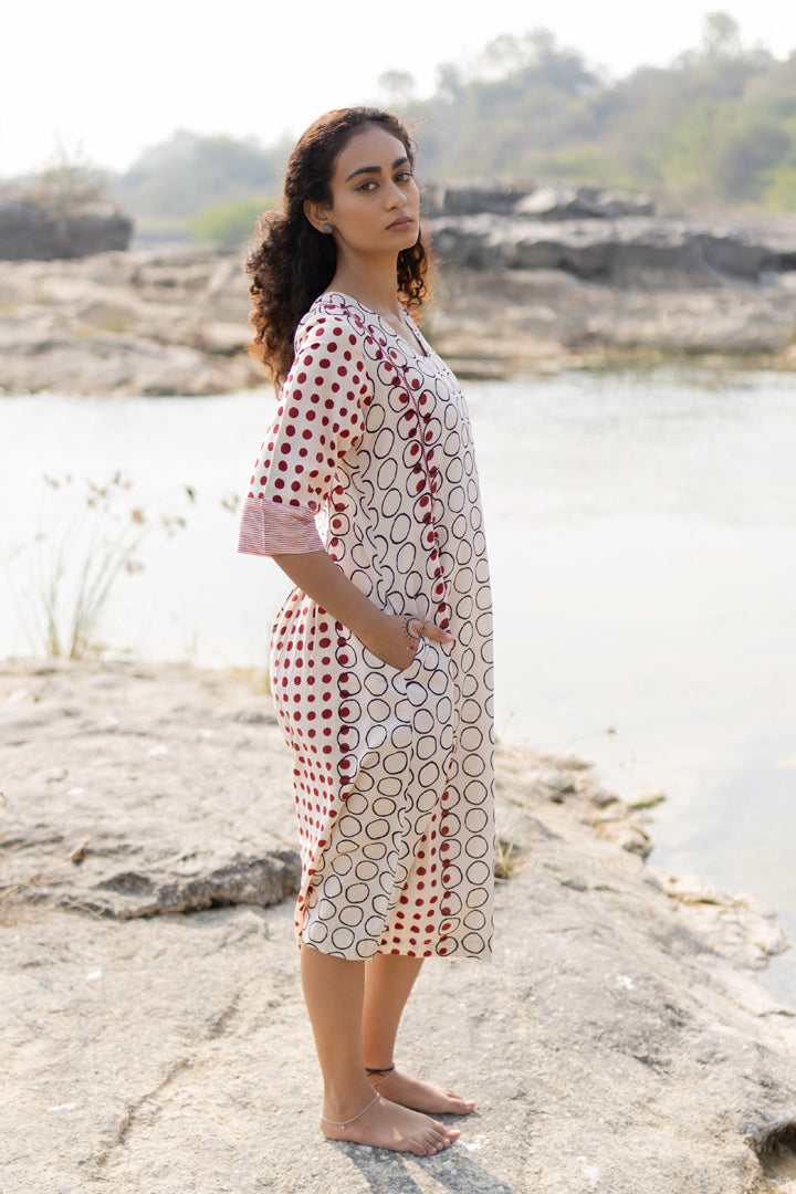 Off-White & Maroon Bagh Block Print Cotton Midi Dress – Tarang