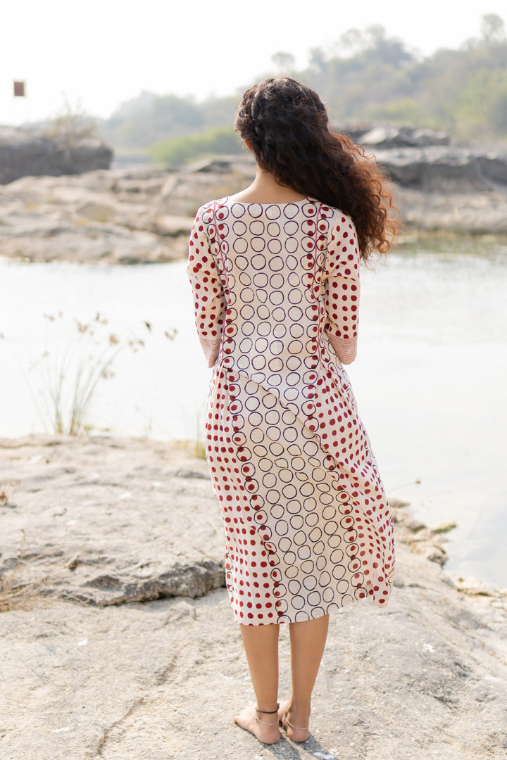 Off-White & Maroon Bagh Block Print Cotton Midi Dress – Tarang