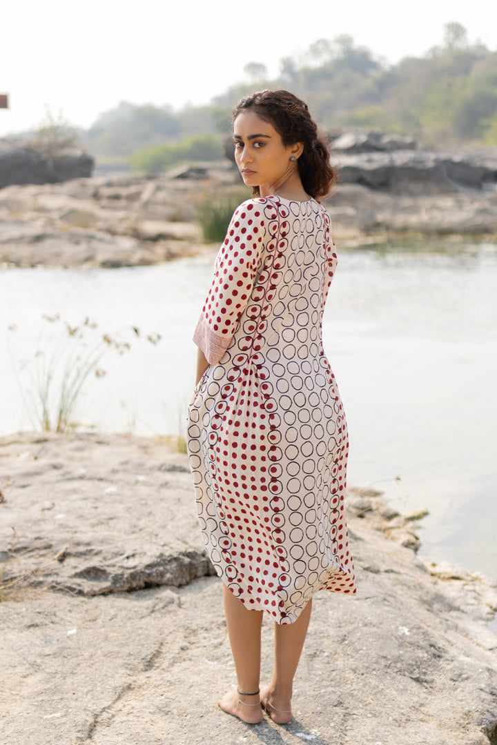 Off-White & Maroon Bagh Block Print Cotton Midi Dress – Tarang