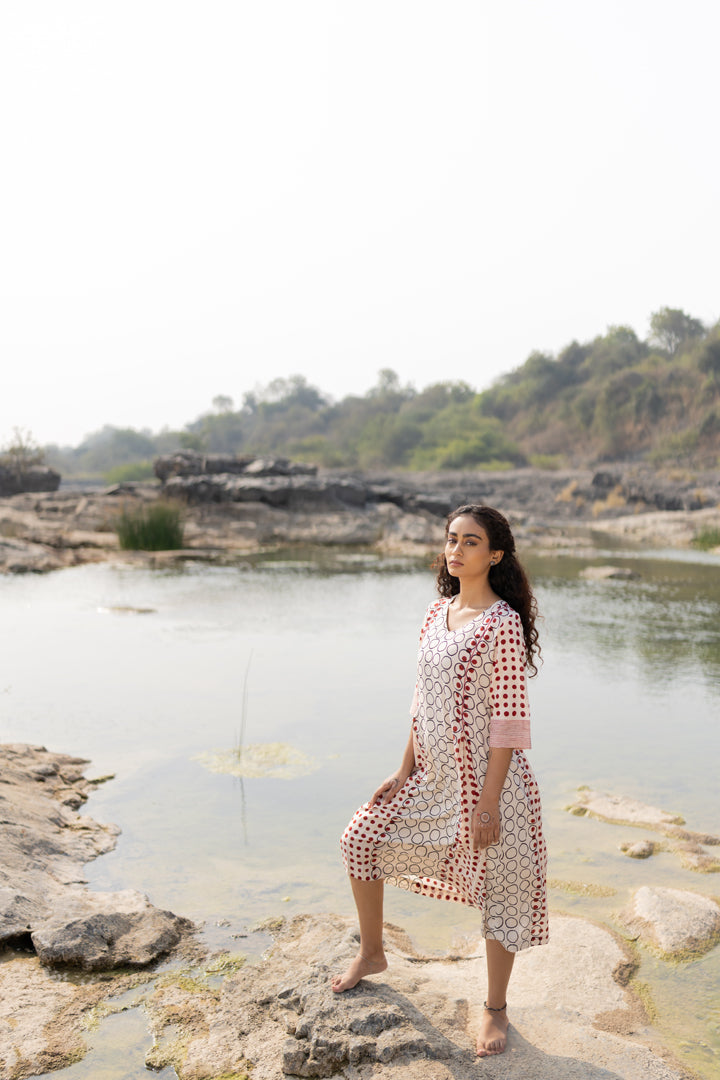 Off-White & Maroon Bagh Block Print Cotton Midi Dress – Tarang