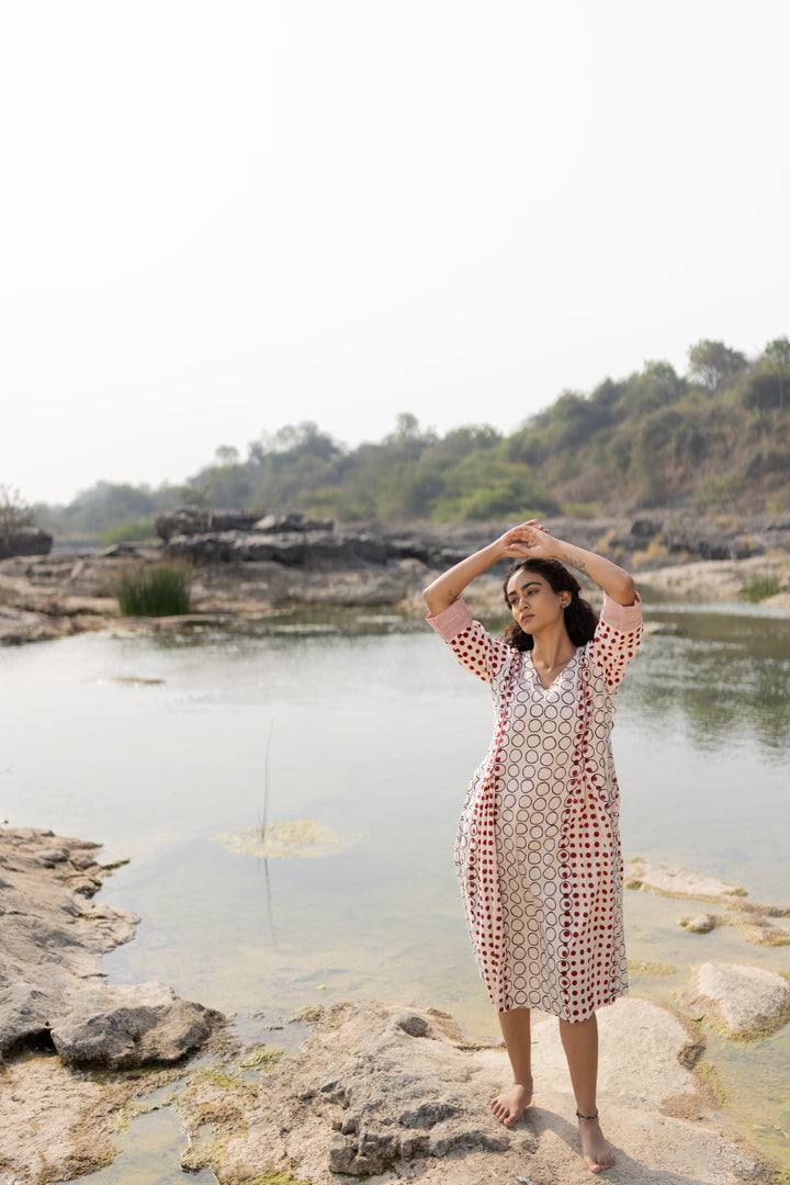 Off-White & Maroon Bagh Block Print Cotton Midi Dress – Tarang